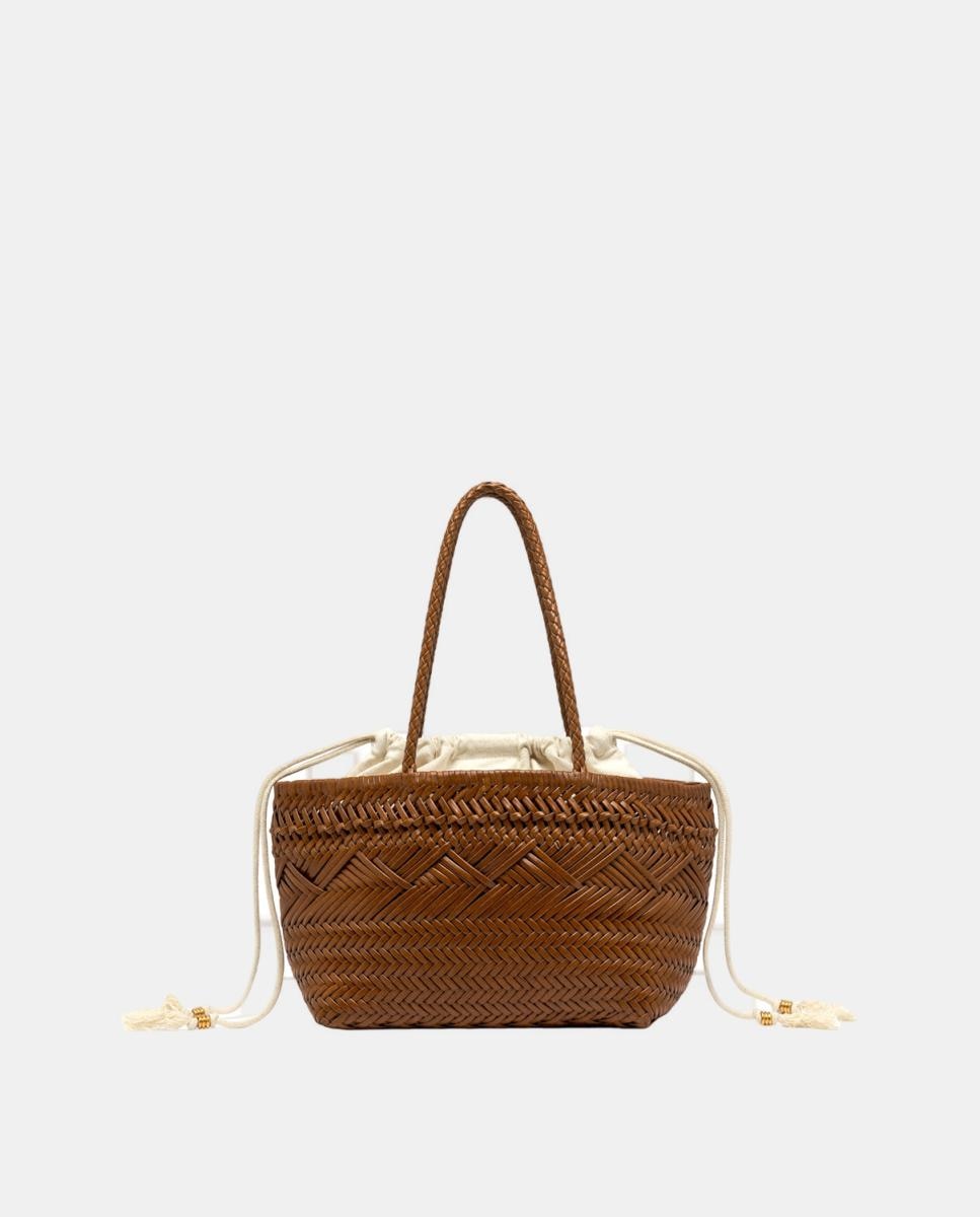 Mala de Ombro Modelo Paloma em Pele Entrançada com Capa Interior Amovível Castanho-claro-5