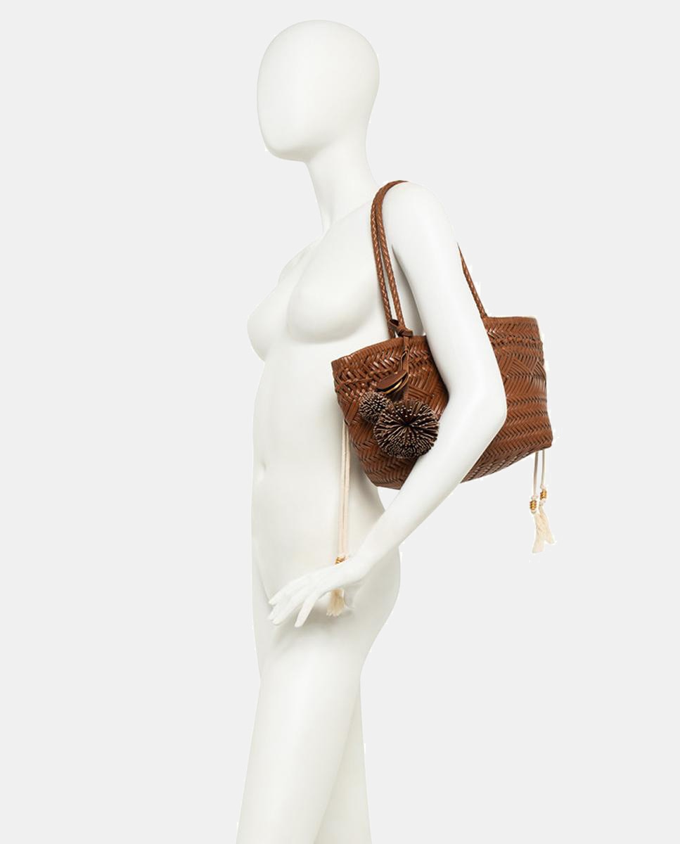 Mala de Ombro Modelo Paloma em Pele Entrançada com Capa Interior Amovível Castanho-claro-6