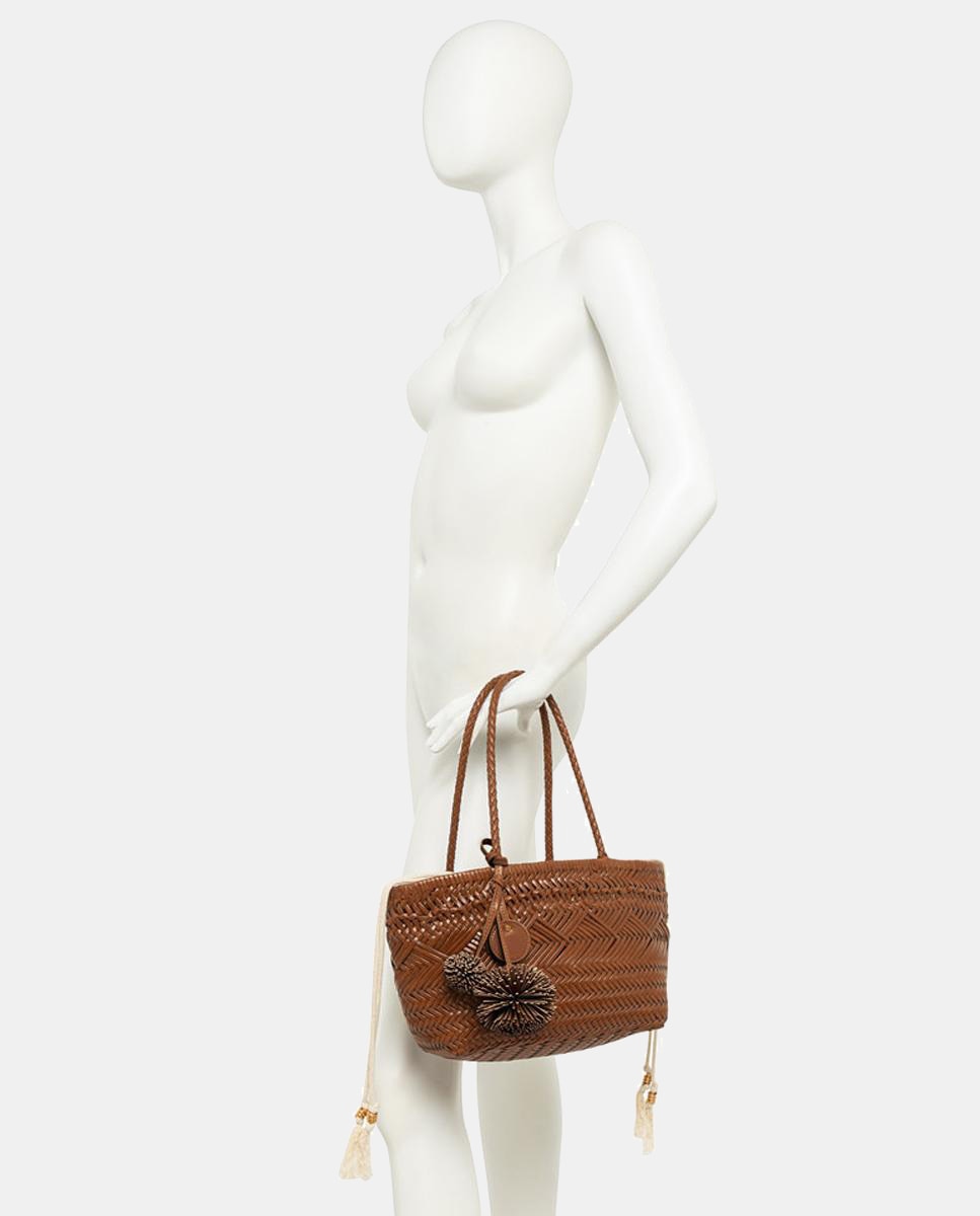 Mala de Ombro Modelo Paloma em Pele Entrançada com Capa Interior Amovível Castanho-claro-7