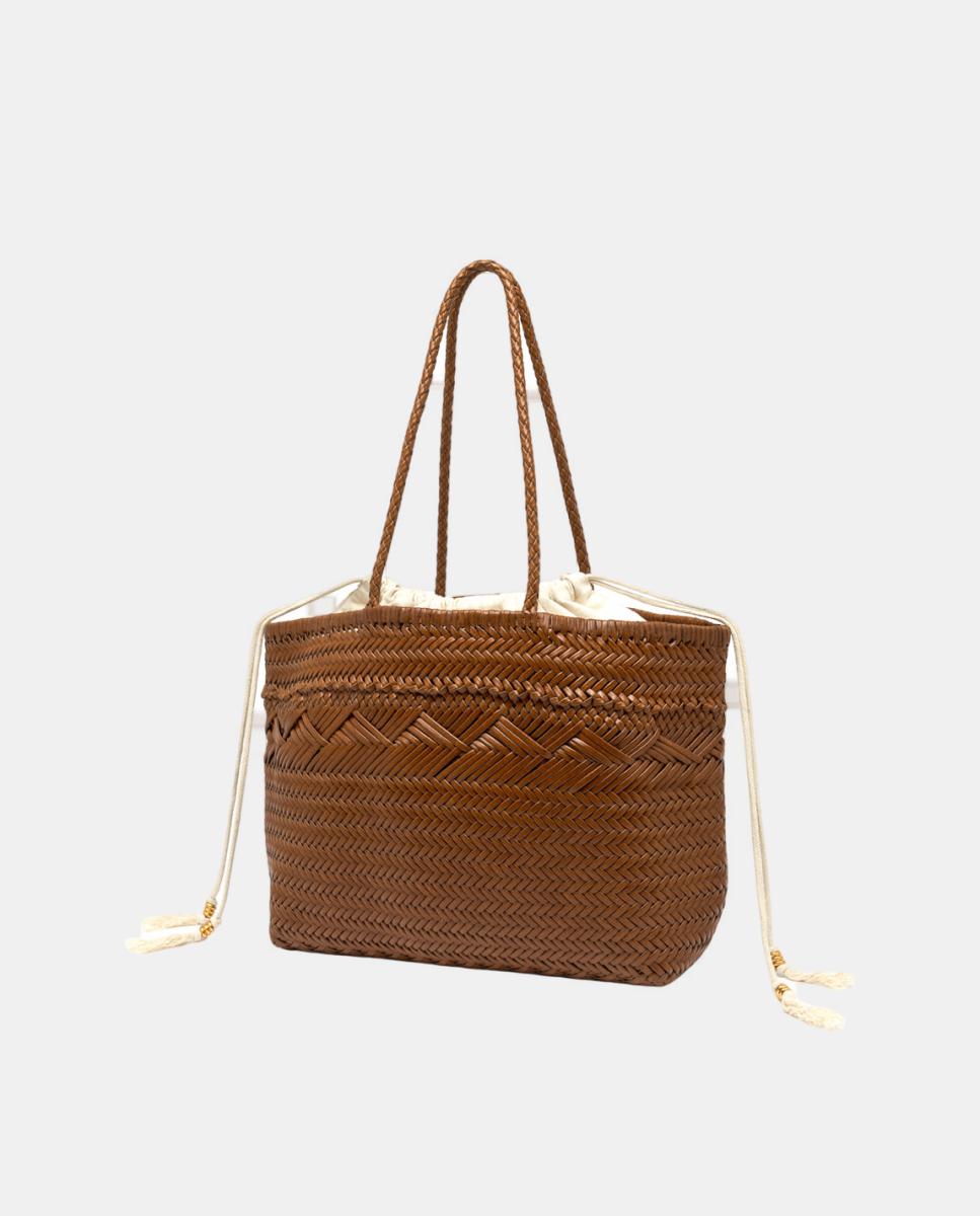 Mala de Ombro Modelo Paloma em Pele Entrançada com Capa Interior Amovível Castanho-claro-2