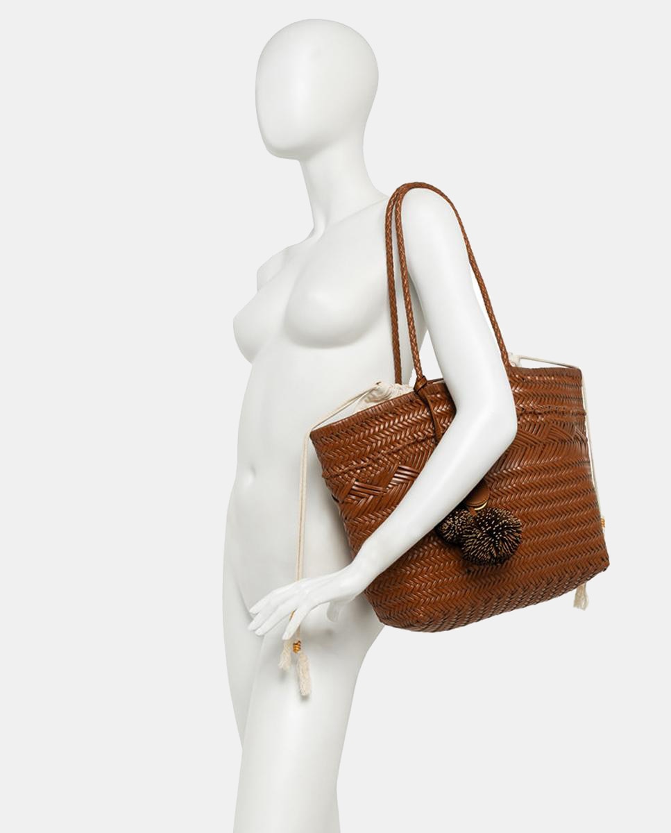 Mala de Ombro Modelo Paloma em Pele Entrançada com Capa Interior Amovível Castanho-claro-6