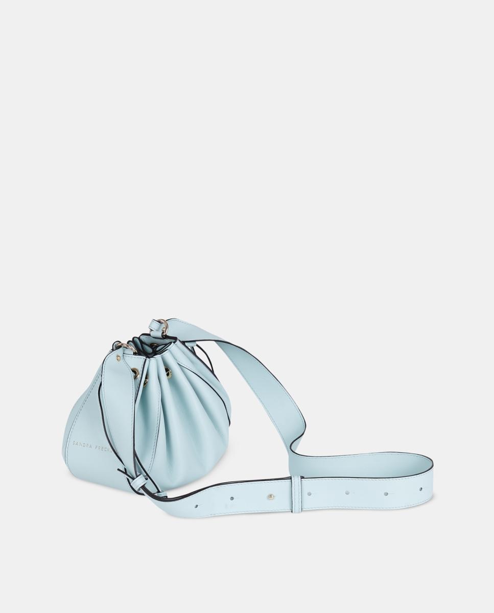 Mala Crossbody Pequena com Alça de Tiracolo Larga e Fecho de Cordão em Pele Lisa Azul-claro-2