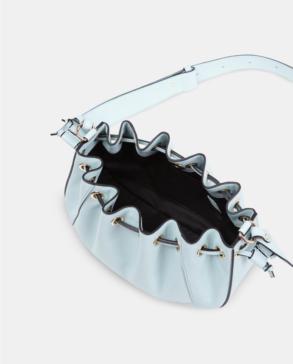 Mala Crossbody Pequena com Alça de Tiracolo Larga e Fecho de Cordão em Pele Lisa Azul-claro-3