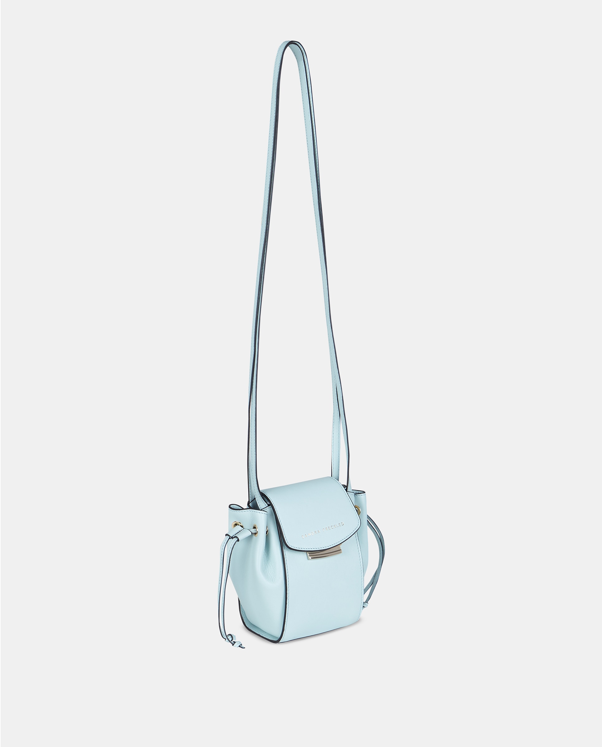 Mala Crossbody Pequena em Pele Lisa com Aba e Alças Compridas Azul-claro-2