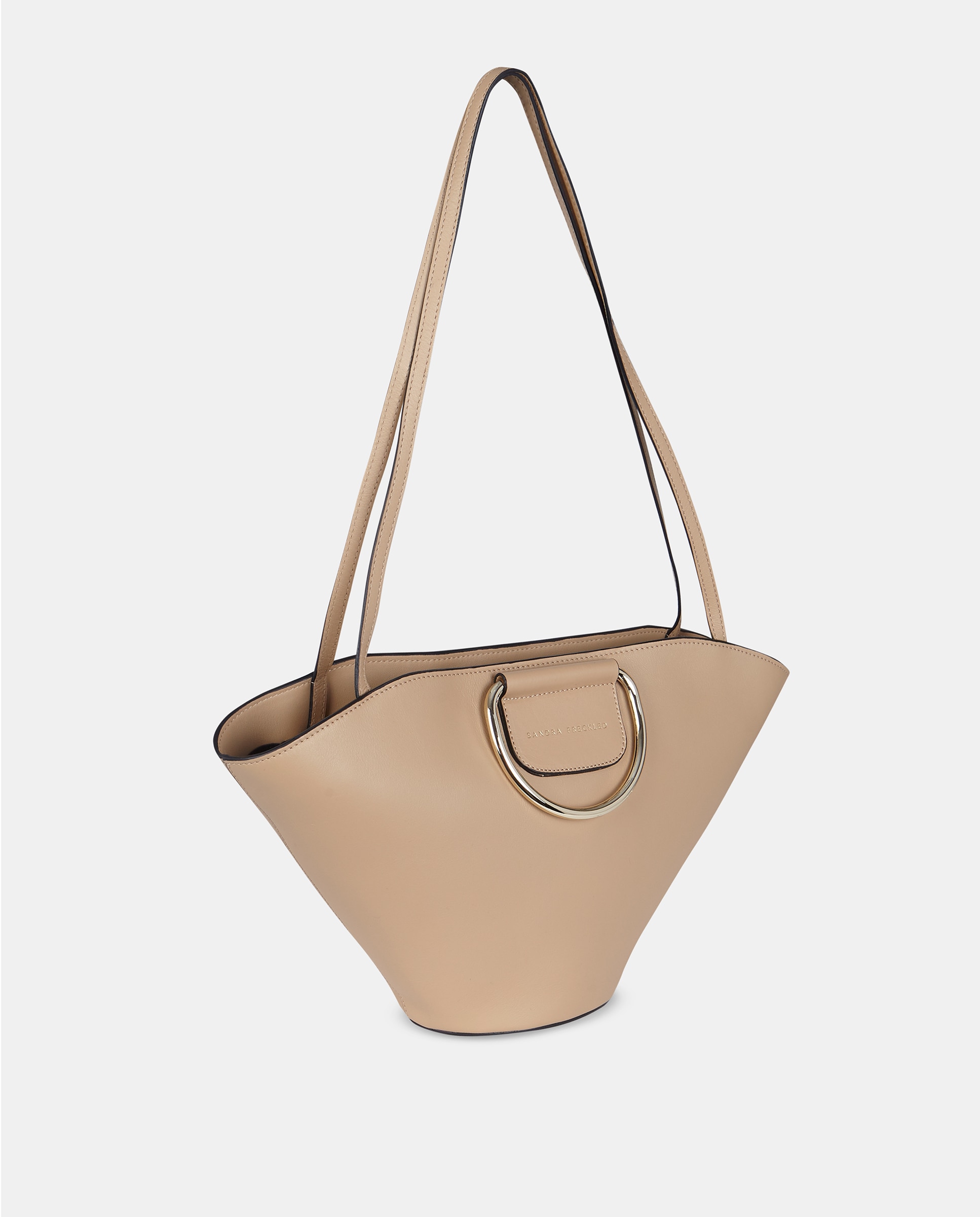 Mala Crossbody em Pele Lisa com Alças de Mão Metálicas Natural-2