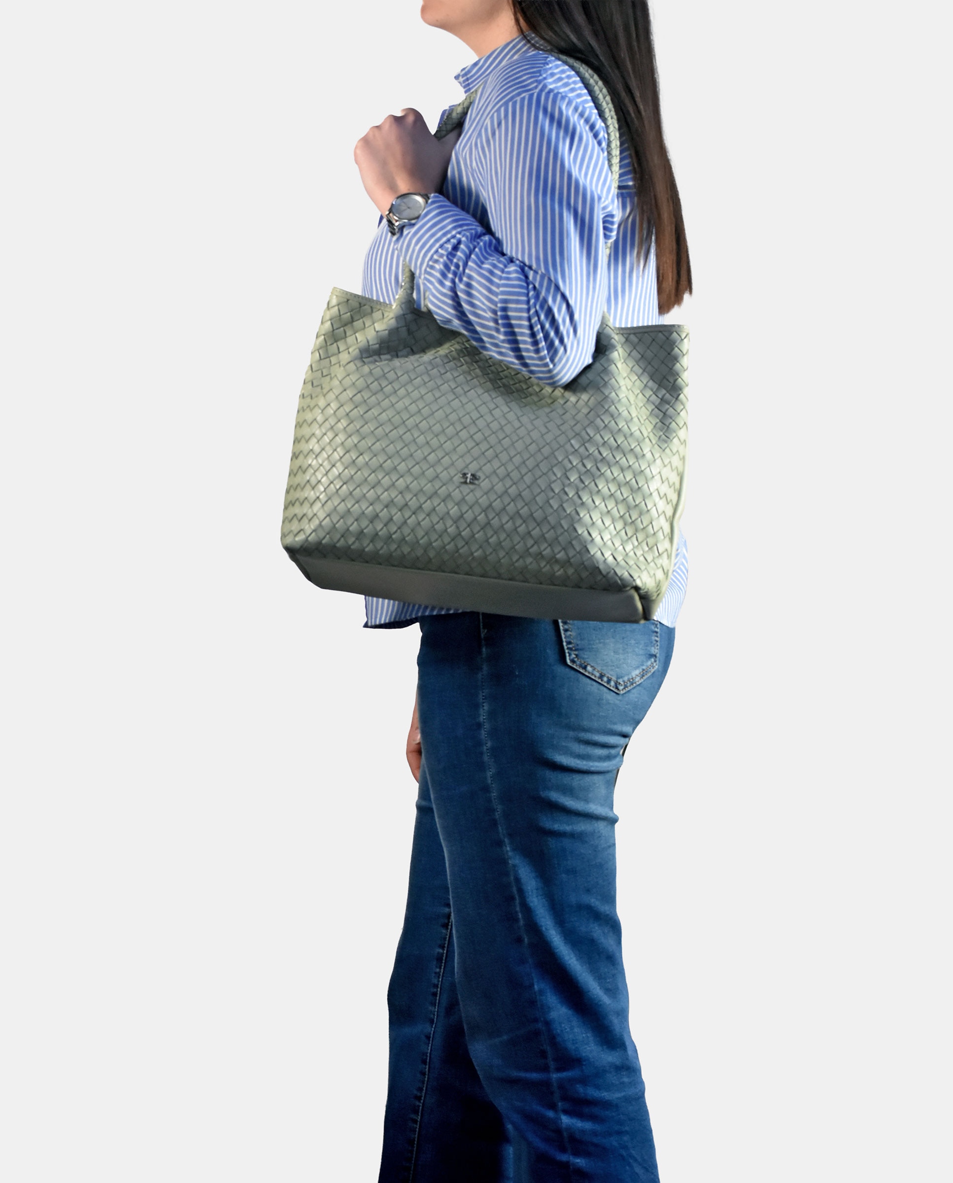Mala Shopper em Palha Entrançada com Alça Dupla Verde Água-5