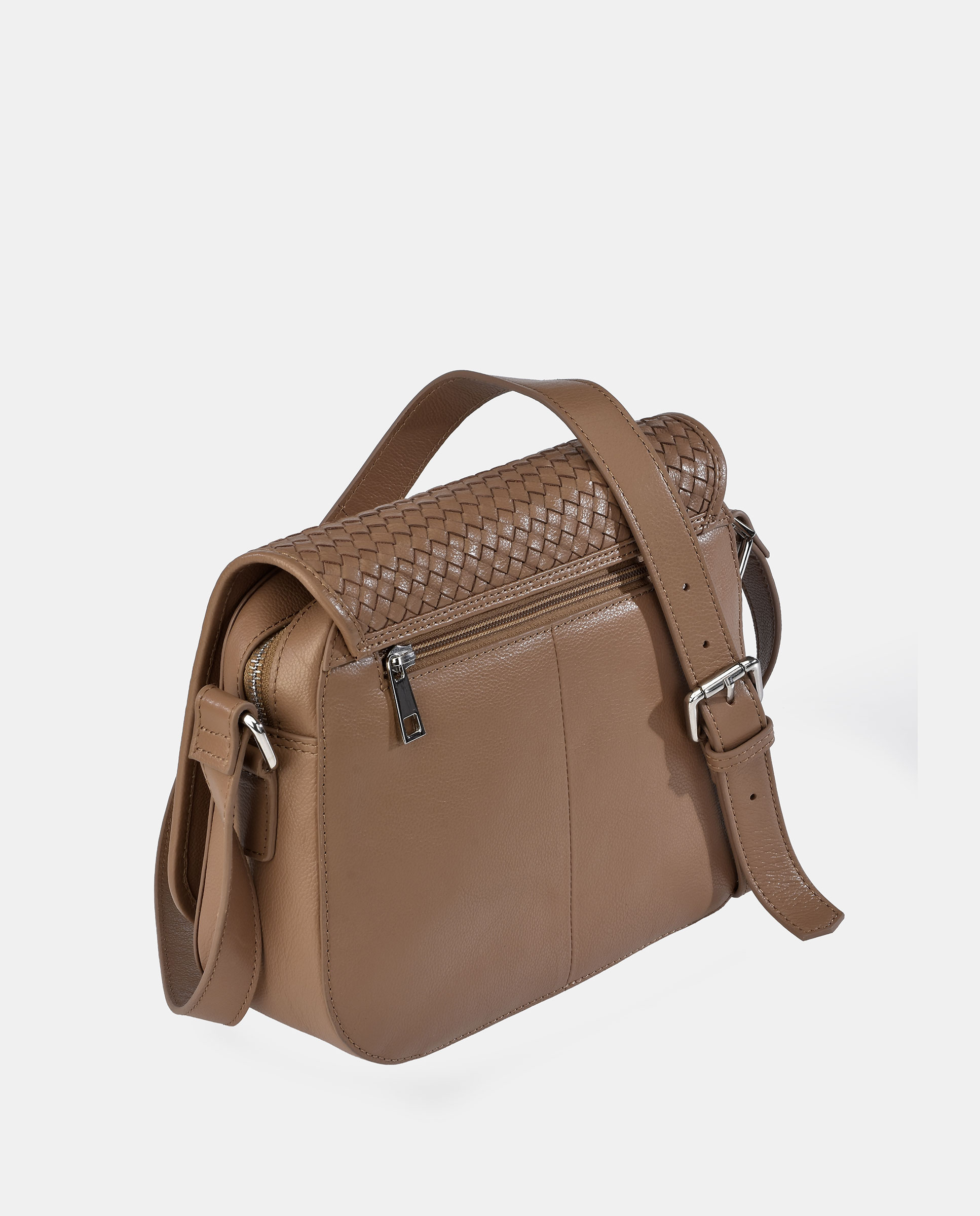 Mala Crossbody em Pele Entrançada com Aba Castanho-3