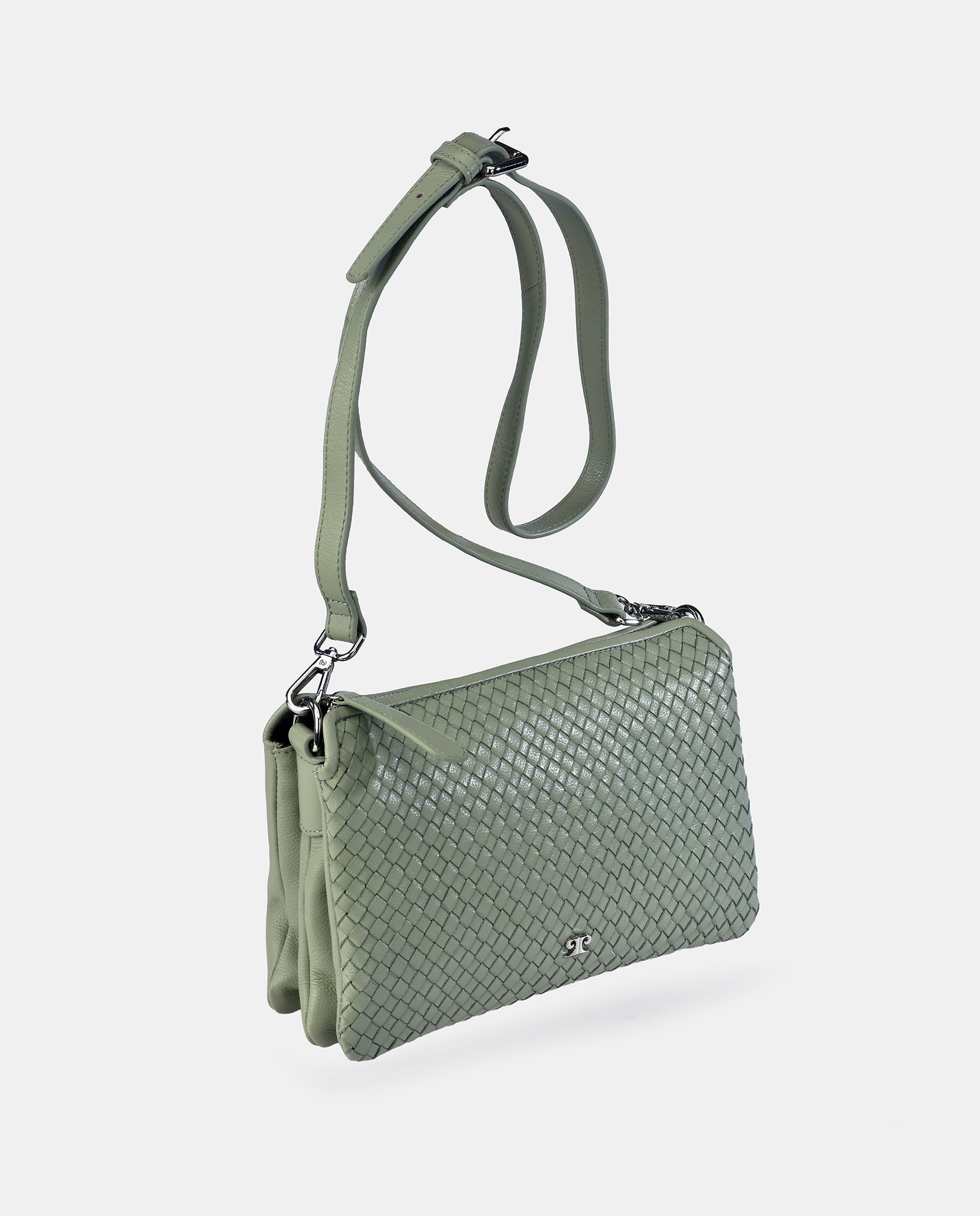 Mala Crossbody em Pele Entrançada com Alça de Tiracolo Desmontável Verde Água-2