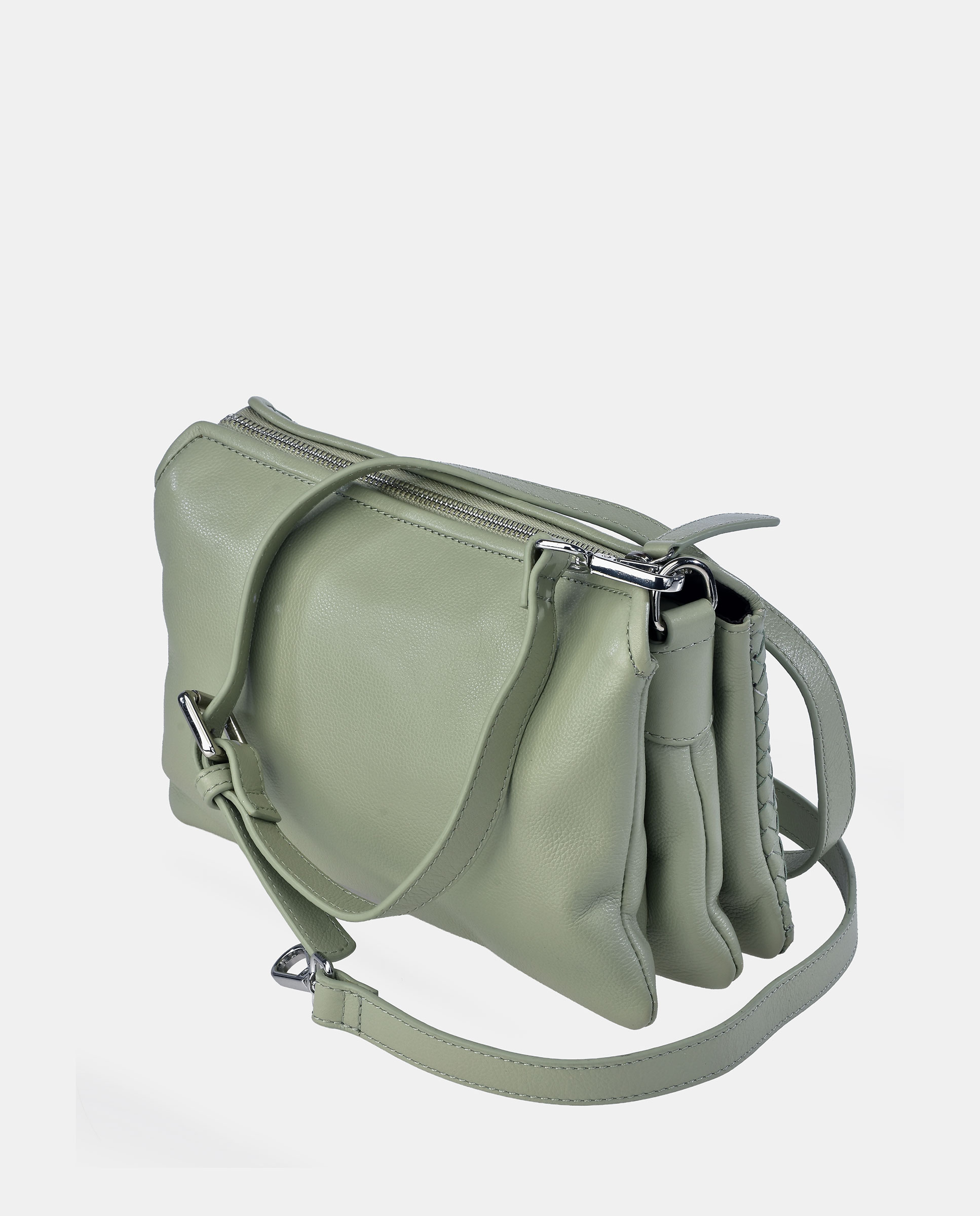 Mala Crossbody em Pele Entrançada com Alça de Tiracolo Desmontável Verde Água-3