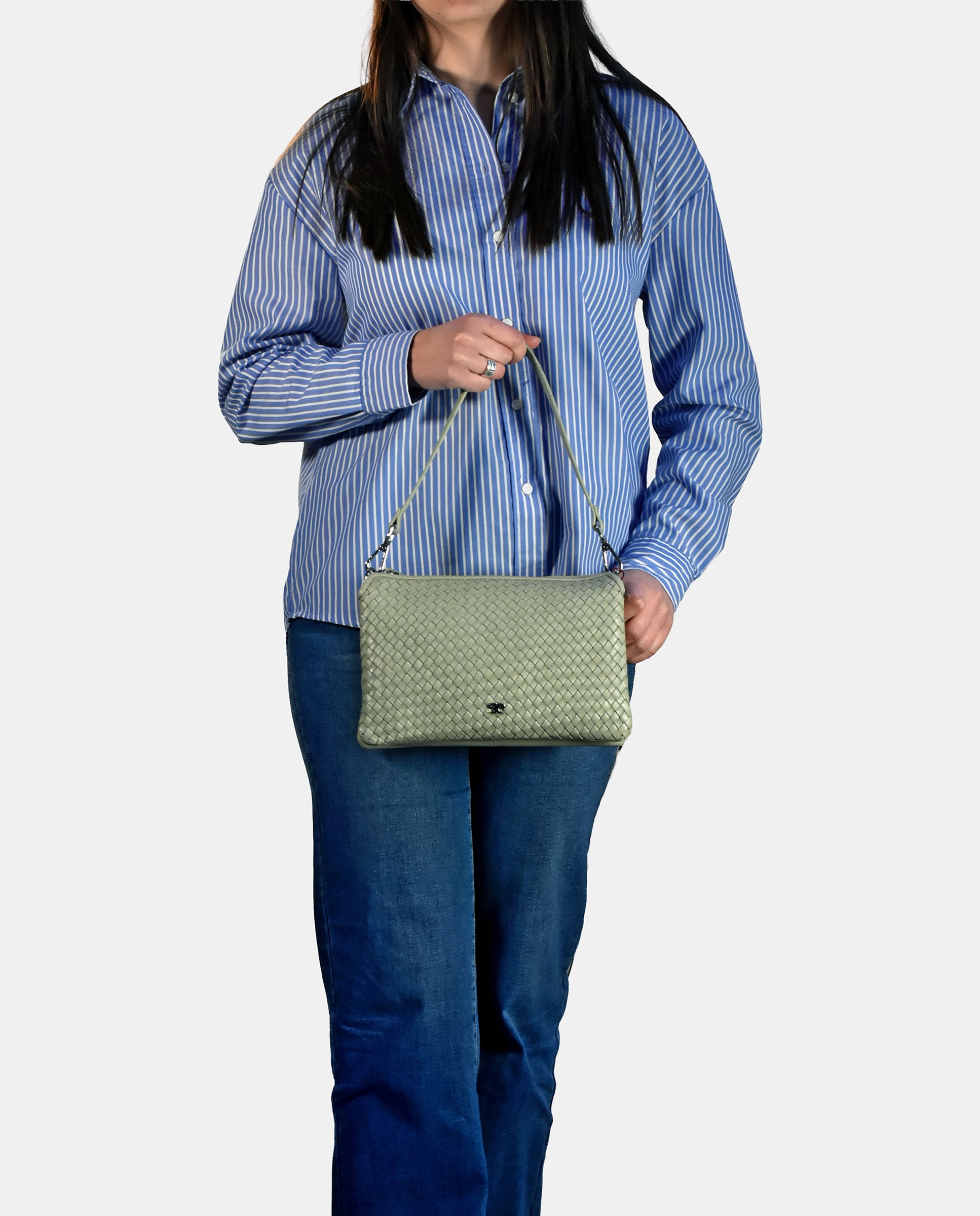 Mala Crossbody em Pele Entrançada com Alça de Tiracolo Desmontável Verde Água-5