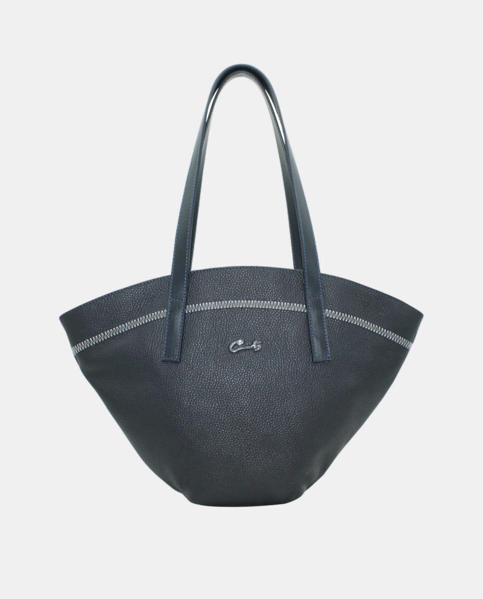 Imagen 0 de Bolso shopping de piel con costuras zigzag y cremallera Azul marino