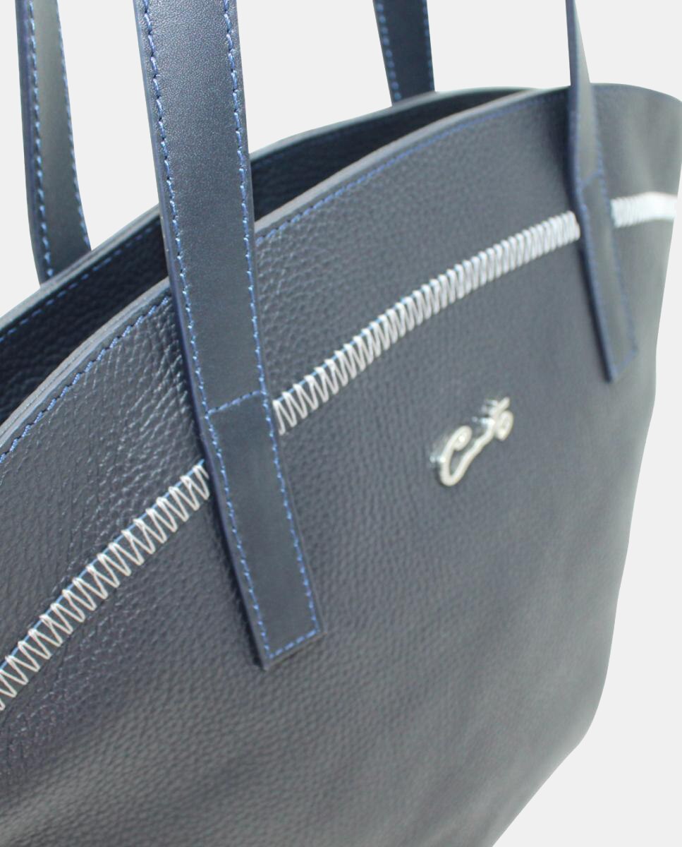 Bolso shopping de piel con costuras zigzag y cremallera - Cats - Azul marino Azul marino-3