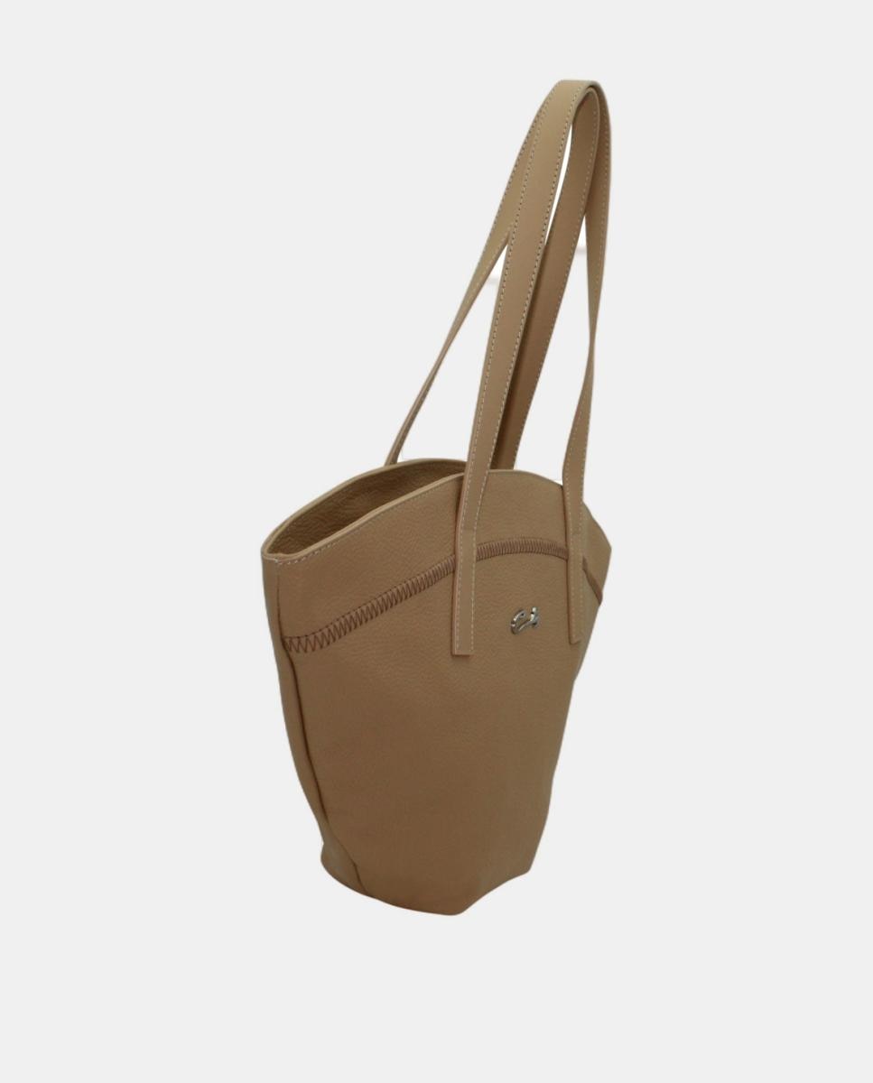 Mala Shopper em Pele com Costuras Chevron e Fecho de Correr Bege-2