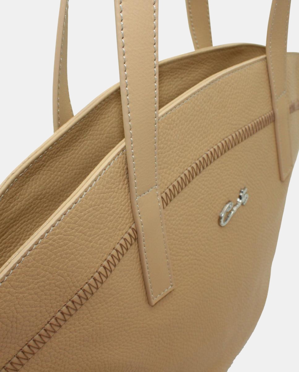 Mala Shopper em Pele com Costuras Chevron e Fecho de Correr Bege-3