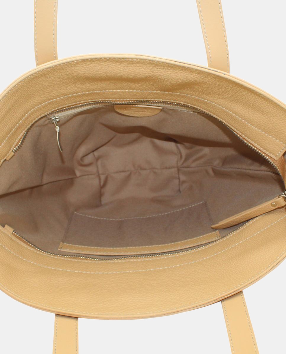 Mala Shopper em Pele com Costuras Chevron e Fecho de Correr Bege-4