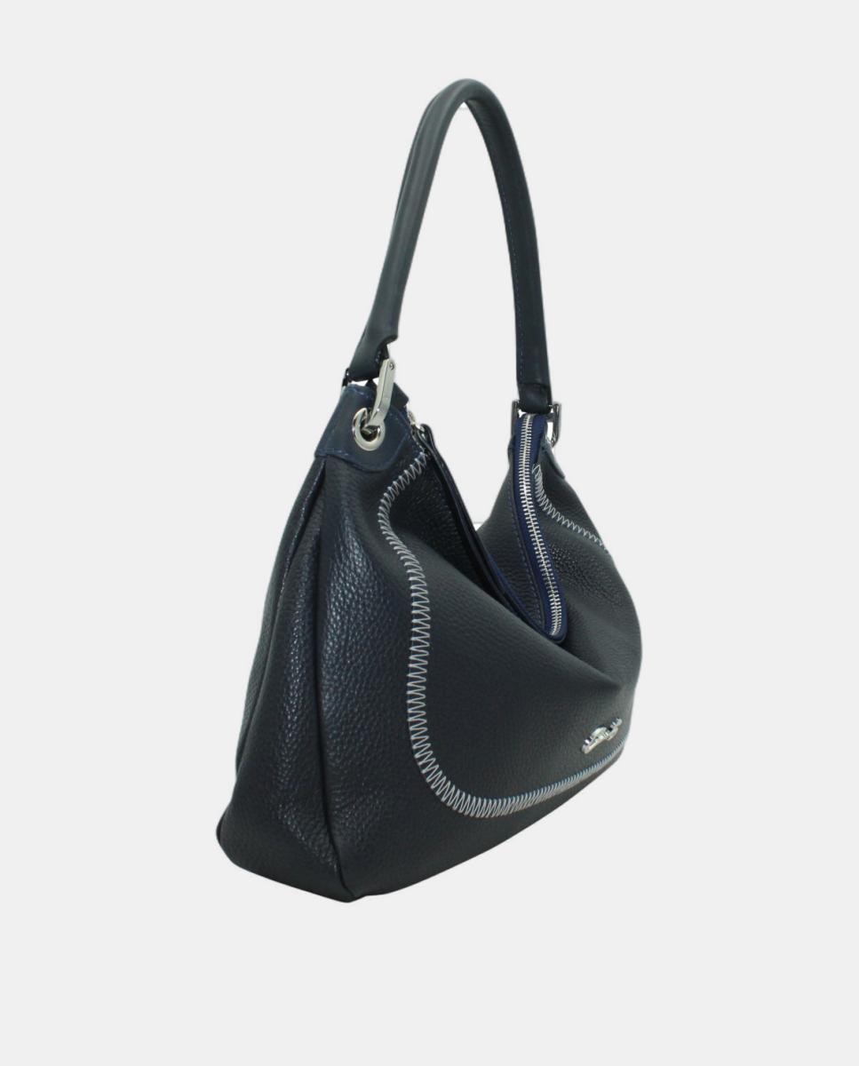 Mala Hobo Pequena em Pele com Costuras Chevron e Fecho de Correr Azul-marinho-2