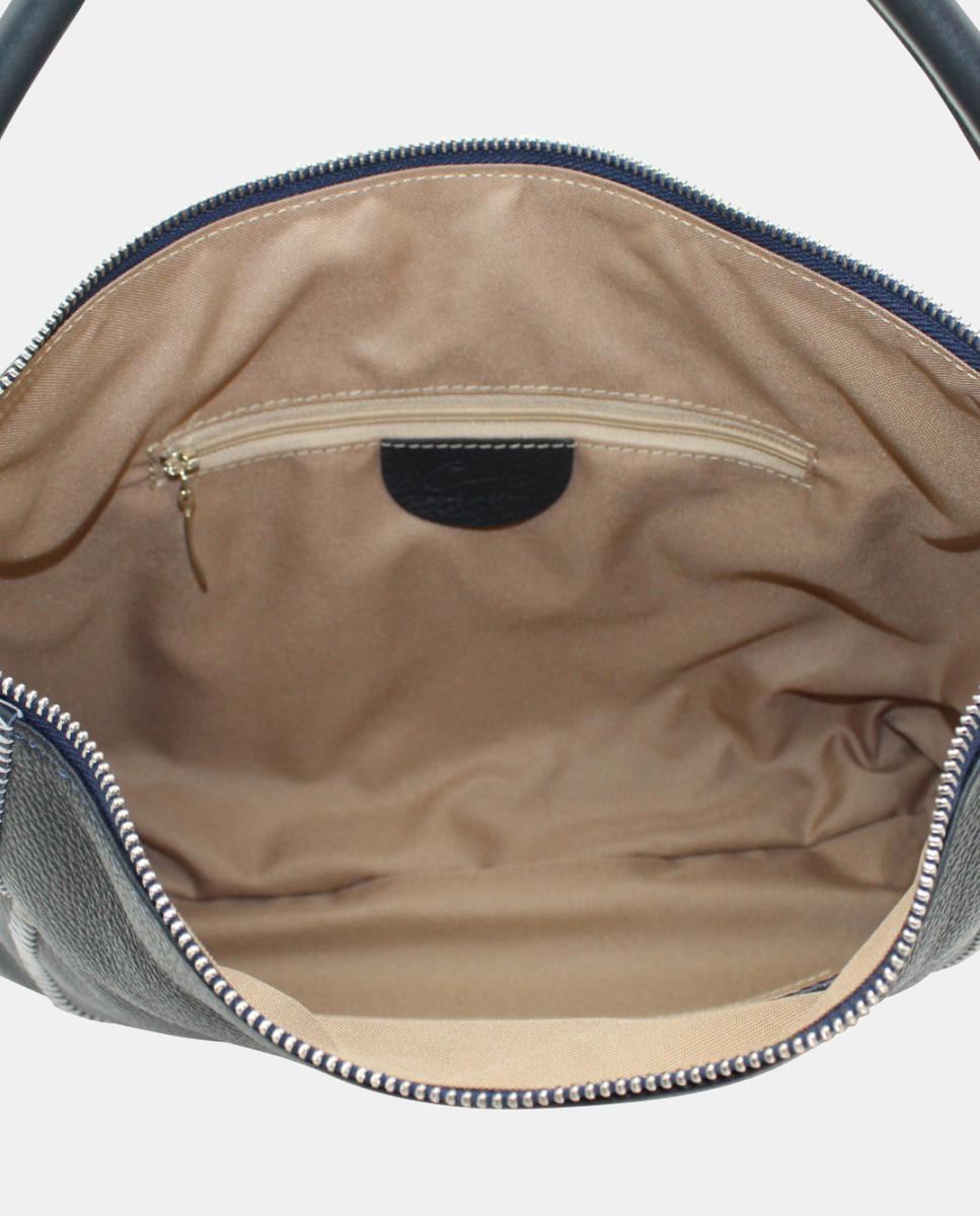 Mala Hobo Pequena em Pele com Costuras Chevron e Fecho de Correr Azul-marinho-4