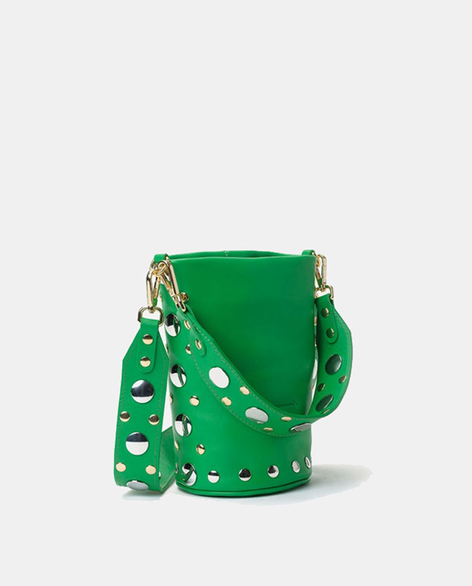Mala Pequena em Pele com Tachas Decorativas no Corpo e nas Alças Verde-2