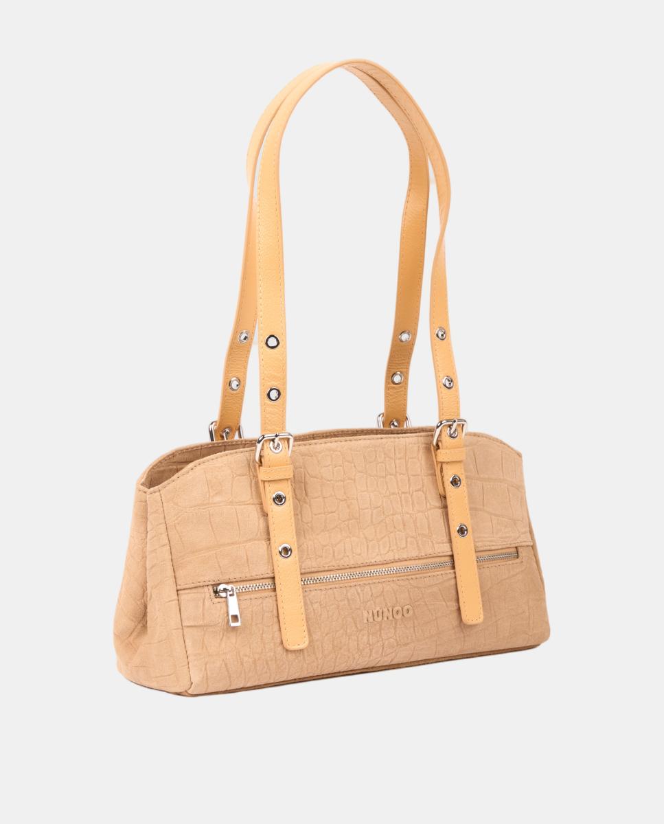 Mala de Ombro em Camurça Gravada com Alça Dupla, Modelo Hazel Creme-2