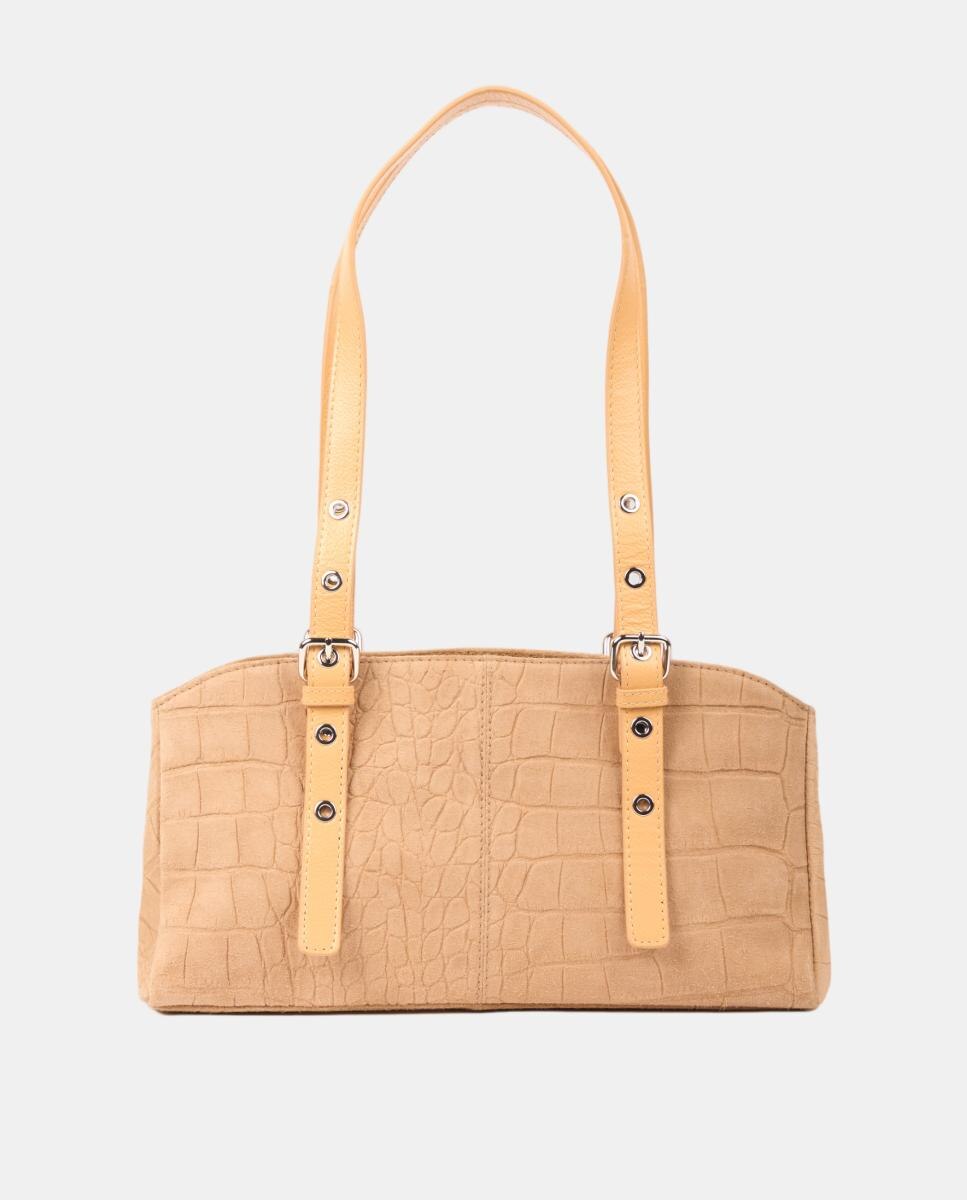 Mala de Ombro em Camurça Gravada com Alça Dupla, Modelo Hazel Creme-3