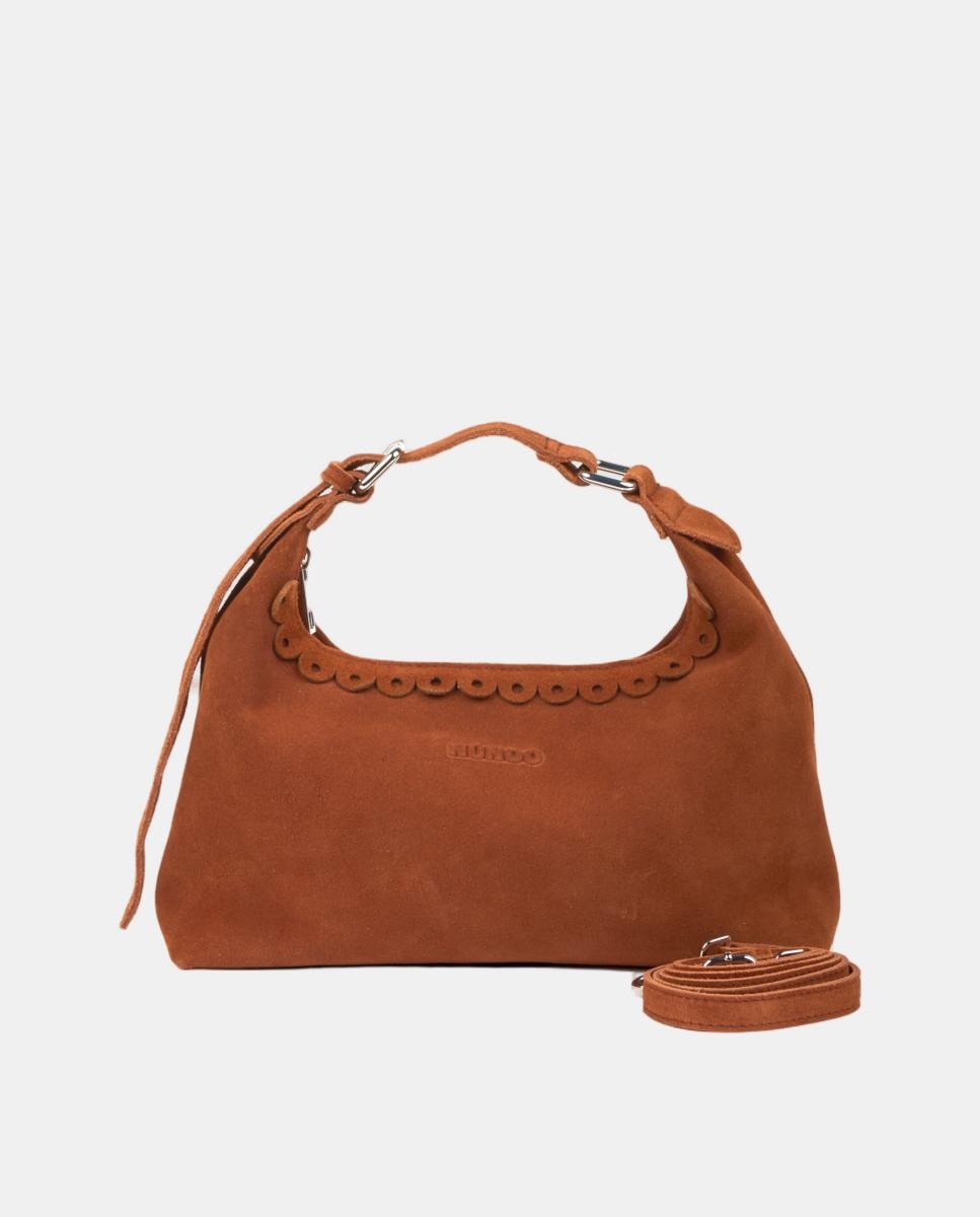 Mala de Mão em Pele Tipo Camurça com Tira para Cruzar, Modelo Dandy Suede Scallop Castanho-2