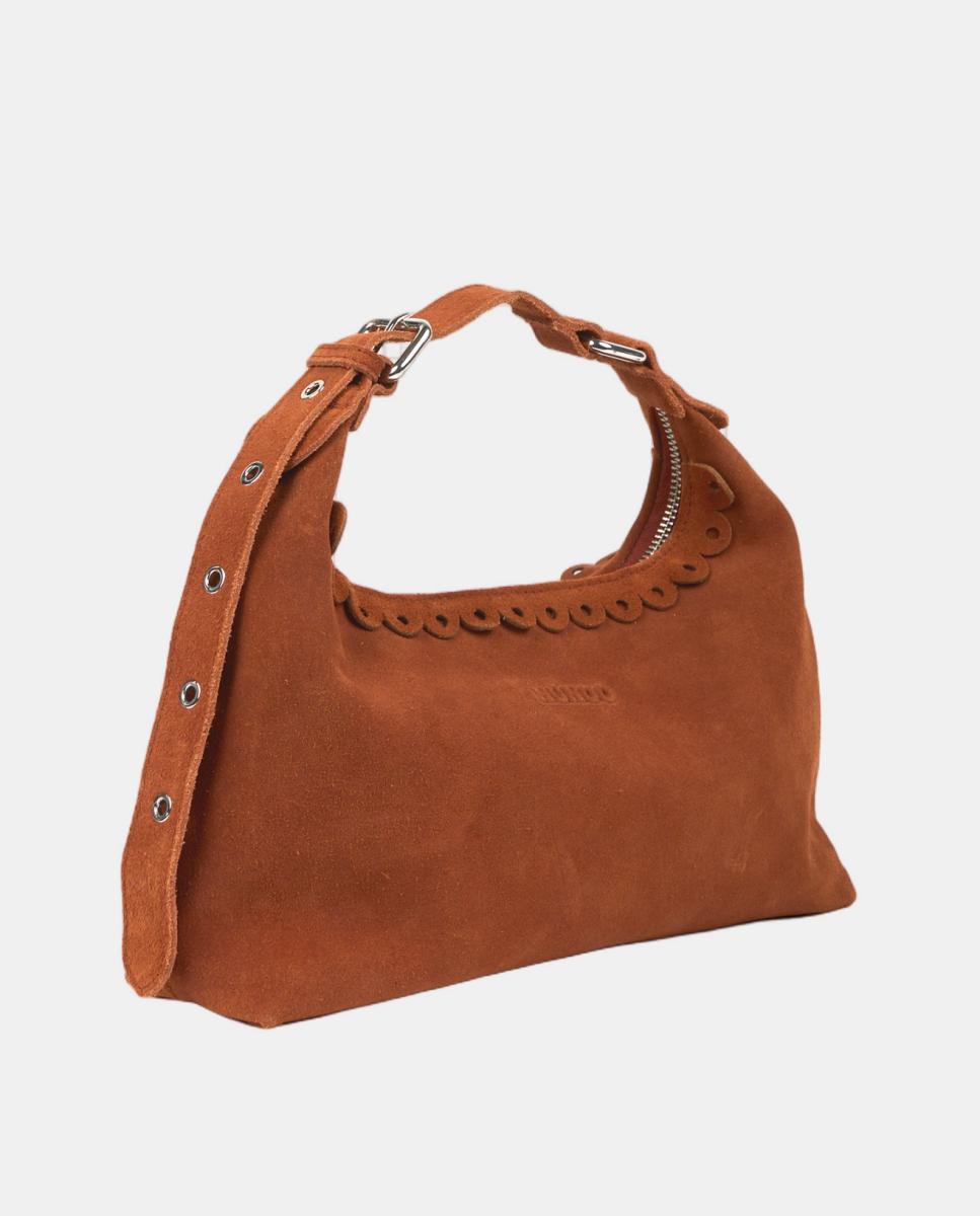 Mala de Mão em Pele Tipo Camurça com Tira para Cruzar, Modelo Dandy Suede Scallop Castanho-3