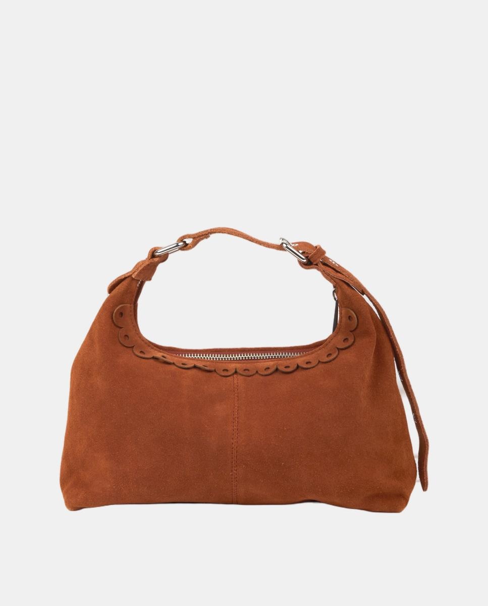 Mala de Mão em Pele Tipo Camurça com Tira para Cruzar, Modelo Dandy Suede Scallop Castanho-4