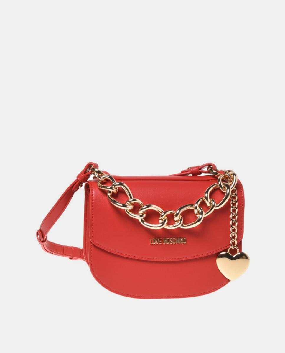 Bolso de mano bandolera liso con detalle metálico de charm, logo dorado en el delantero y asa en forma de cadena - Love Moschino - Rojo Rojo-1