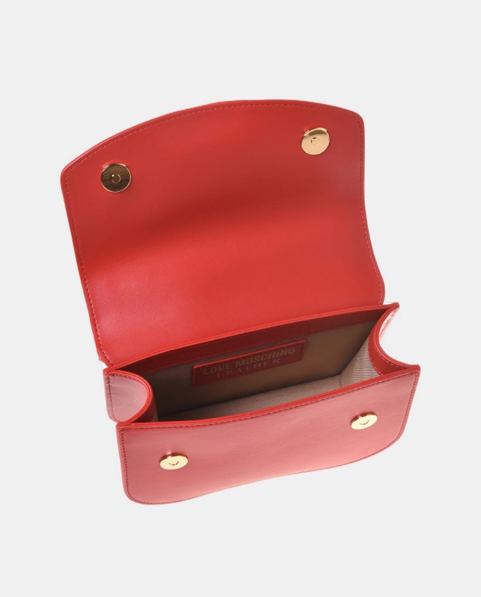 Bolso de mano bandolera liso con detalle metálico de charm, logo dorado en el delantero y asa en forma de cadena - Love Moschino - Rojo Rojo-3