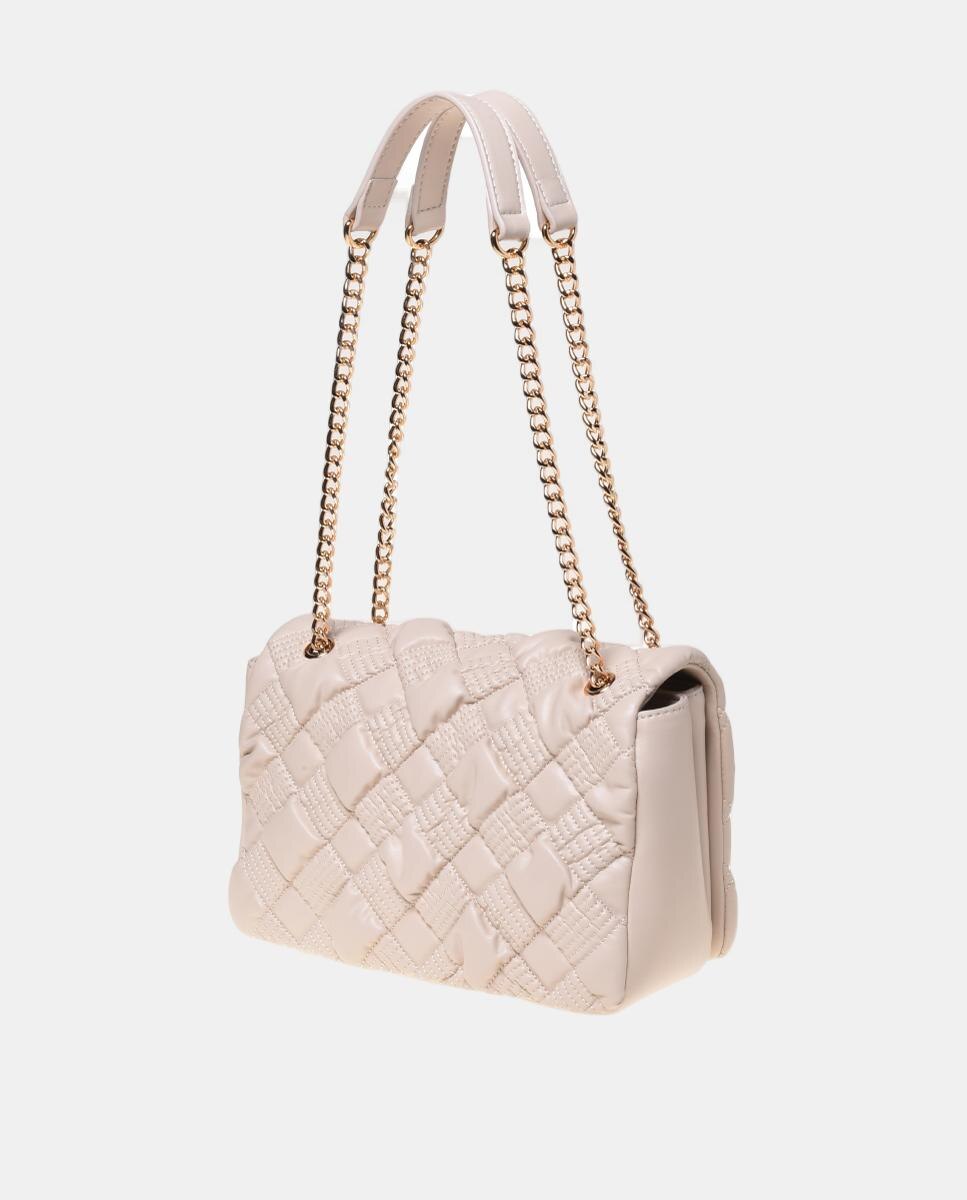 Mala de ombro em pele acolchoada com detalhe metálico dourado com o logótipo na parte da frente Creme-2
