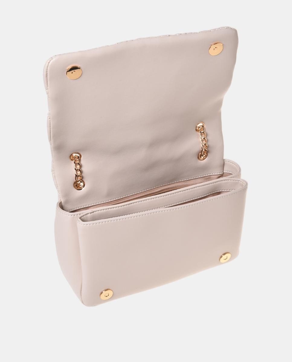 Mala de ombro em pele acolchoada com detalhe metálico dourado com o logótipo na parte da frente Creme-3