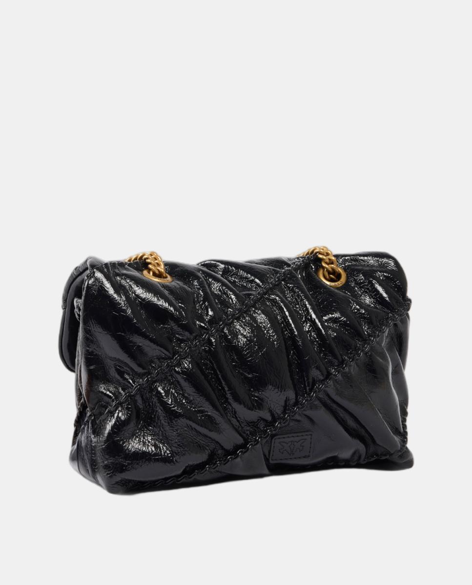 Mala a Tiracolo Pequena Love Bag Puff com Textura Brilhante e Franzida Preto-2