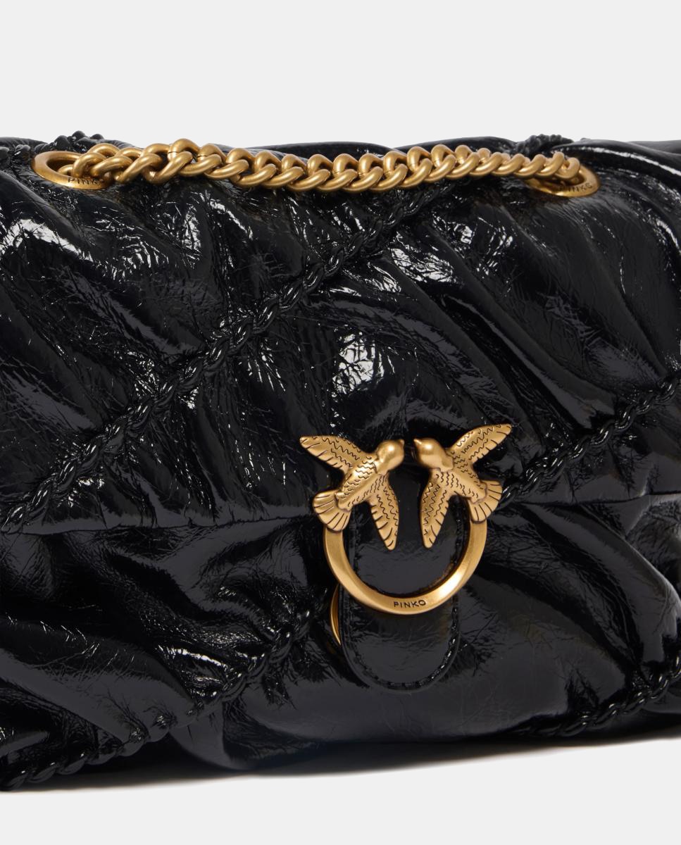 Mala a Tiracolo Pequena Love Bag Puff com Textura Brilhante e Franzida Preto-3
