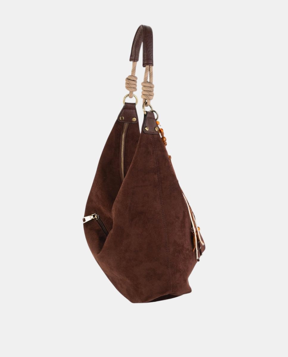 Mala Hobo Grande em Croute com Alça de Corda e Adornos Artesanais Castanho-escuro-2