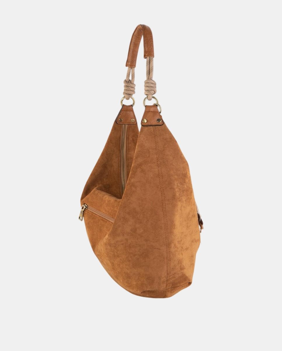 Mala Hobo Grande em Croute com Alça de Corda e Adornos Artesanais Camel-2