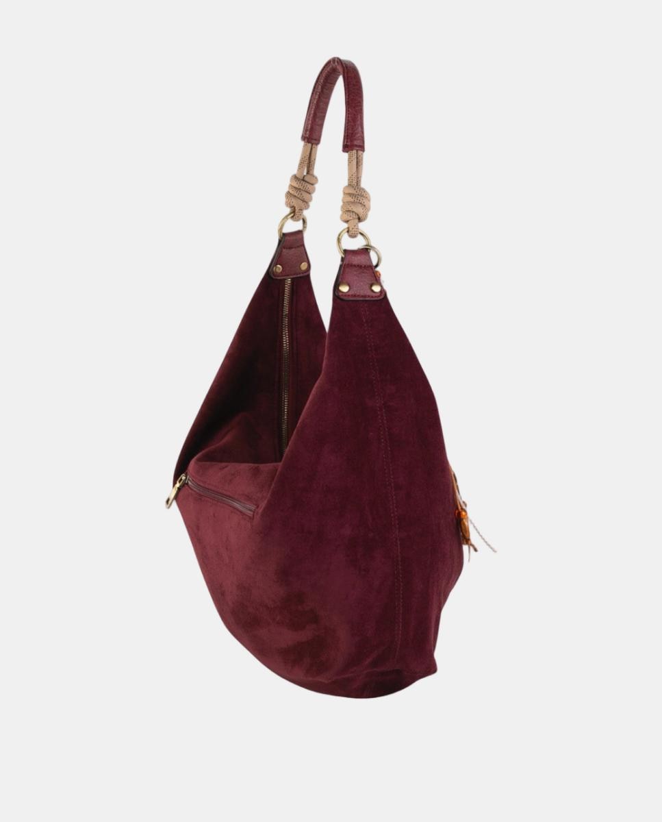 Mala Hobo Grande em Croute com Alça de Corda e Adornos Artesanais Grená-2
