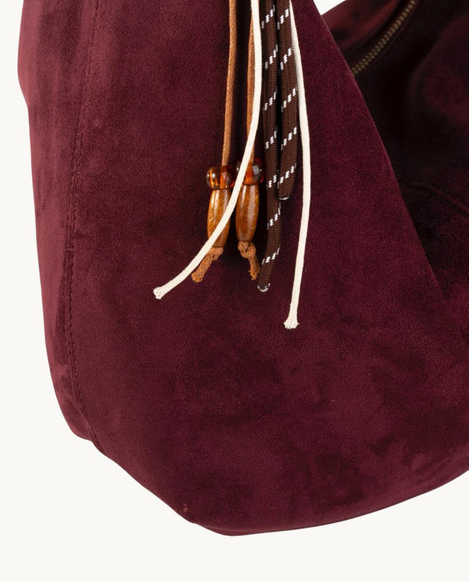 Mala Hobo Grande em Croute com Alça de Corda e Adornos Artesanais Grená-3