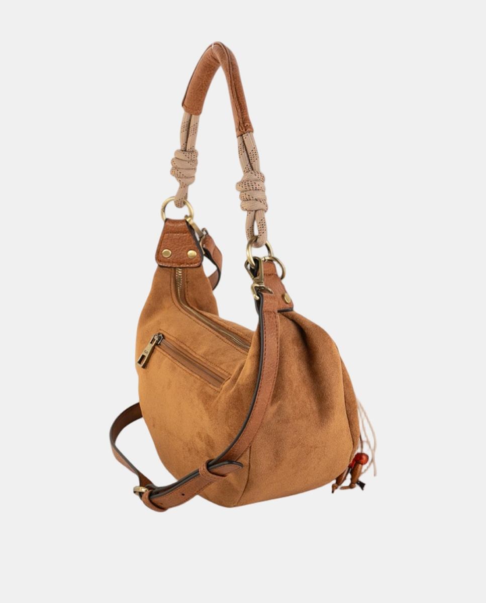 Mala a Tiracolo Média em Croute com Alça de Corda e Correia Ajustável Camel-2