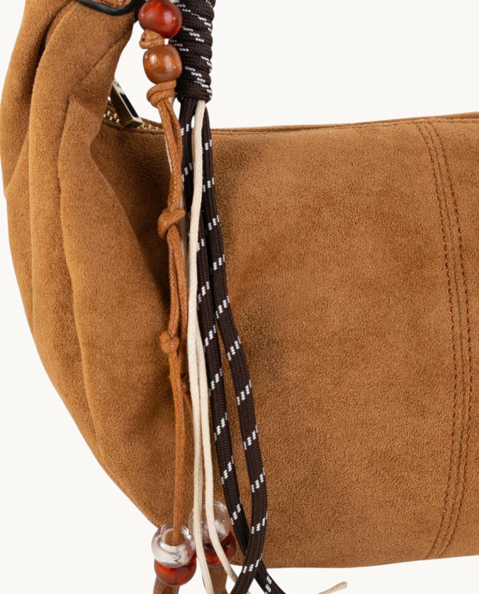 Mala a Tiracolo Média em Croute com Alça de Corda e Correia Ajustável Camel-3