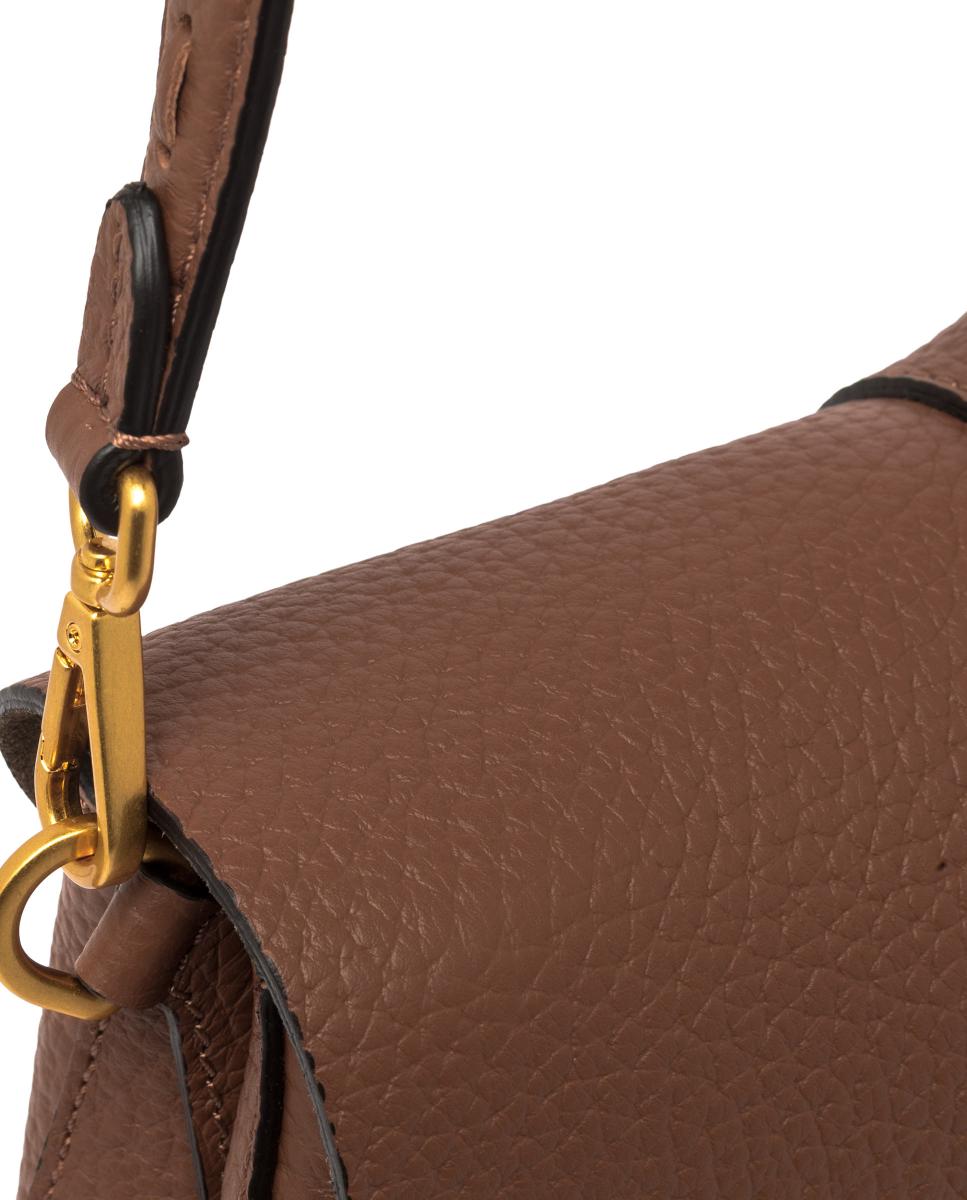 Mala de Ombro em Pele com Alça Amovível e Correia Ajustável Modelo Helena Round Castanho-5
