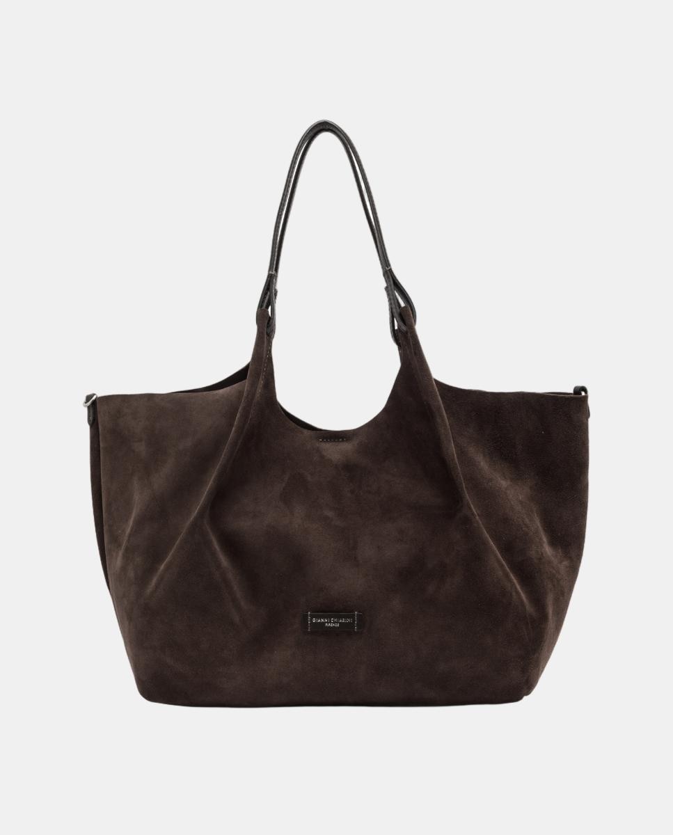 Mala de Ombro Grande em Camurça, Inclui Pochette em Pele Modelo Dua Castanho-escuro-2