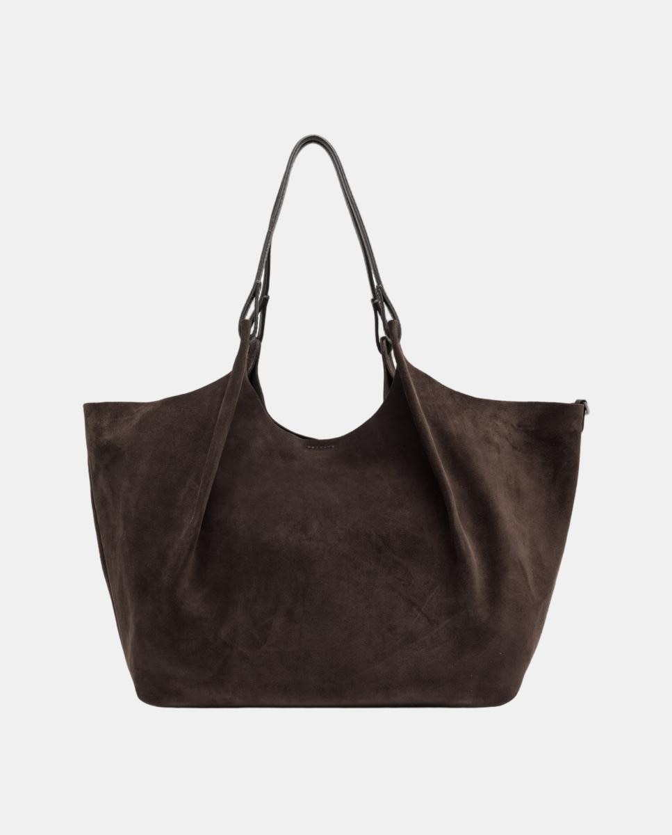 Mala de Ombro Grande em Camurça, Inclui Pochette em Pele Modelo Dua Castanho-escuro-3