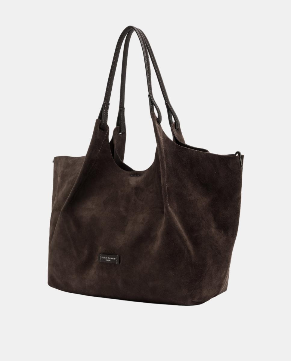 Mala de Ombro Grande em Camurça, Inclui Pochette em Pele Modelo Dua Castanho-escuro-4