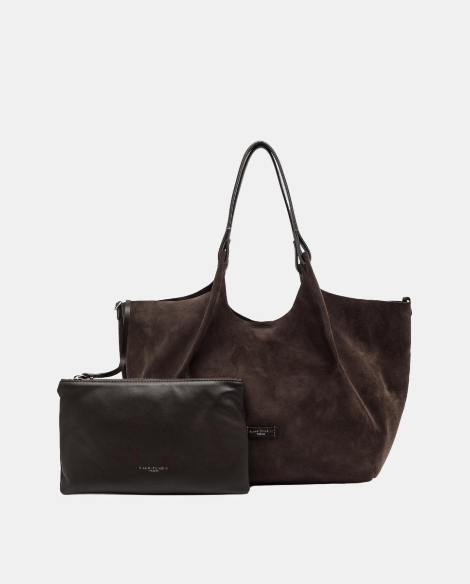 Mala de Ombro Grande em Camurça, Inclui Pochette em Pele Modelo Dua Castanho-escuro-6