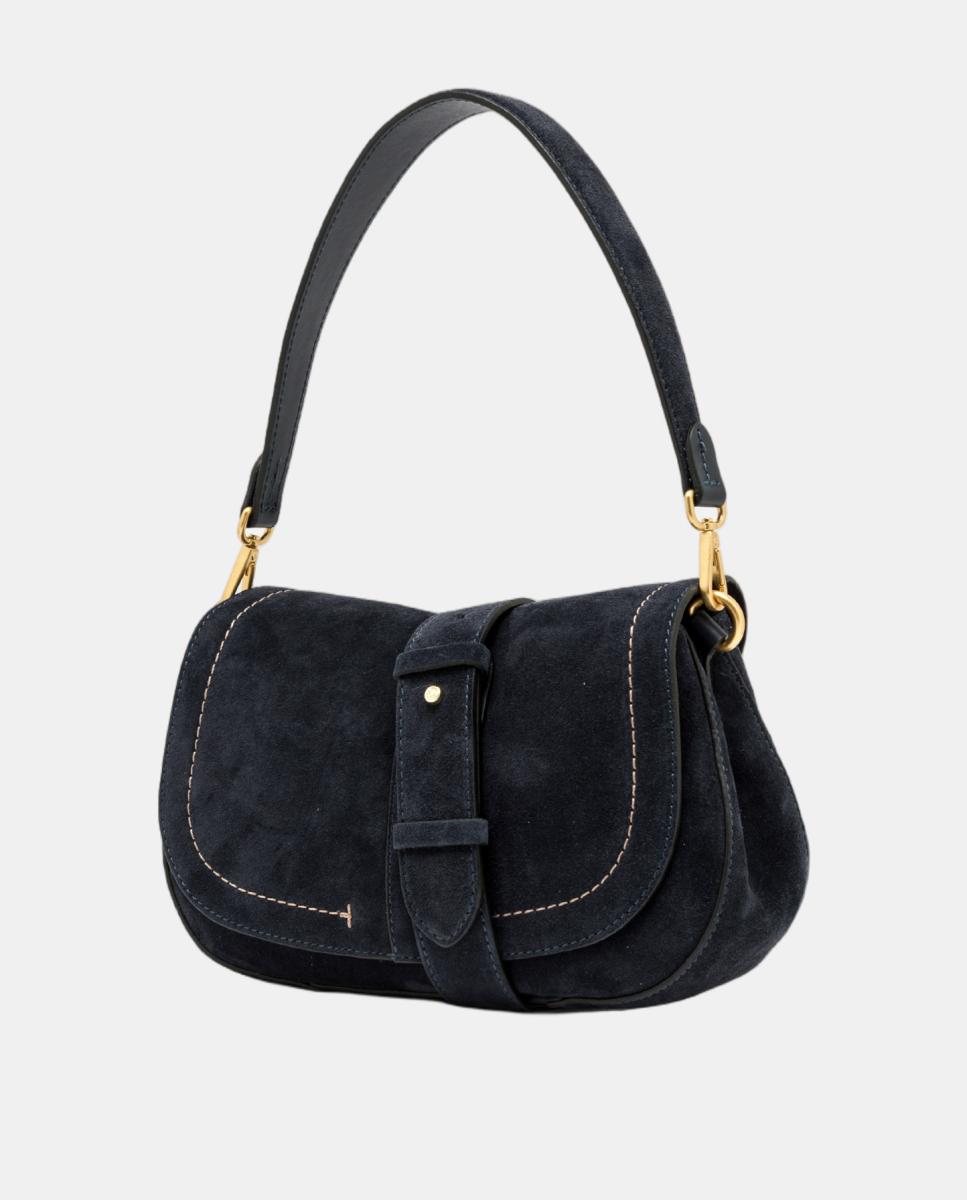 Mala de Ombro em Camurça com Alça Amovível e Correia Ajustável Modelo Helena Round Azul-marinho-3