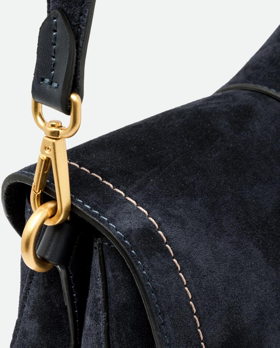 Mala de Ombro em Camurça com Alça Amovível e Correia Ajustável Modelo Helena Round Azul-marinho-5