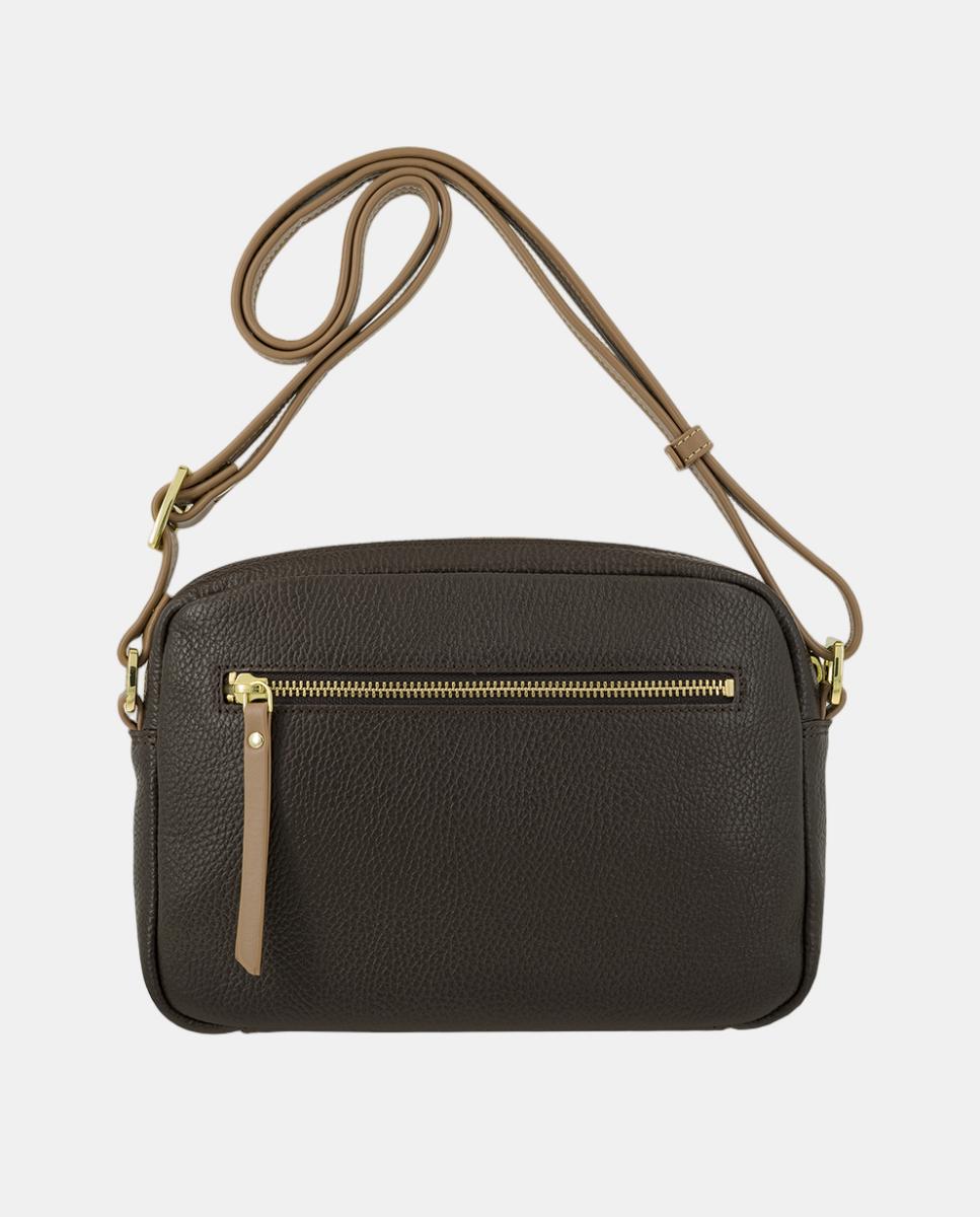 Mala a Tiracolo em Pele com Três Departamentos Exteriores Castanho-3