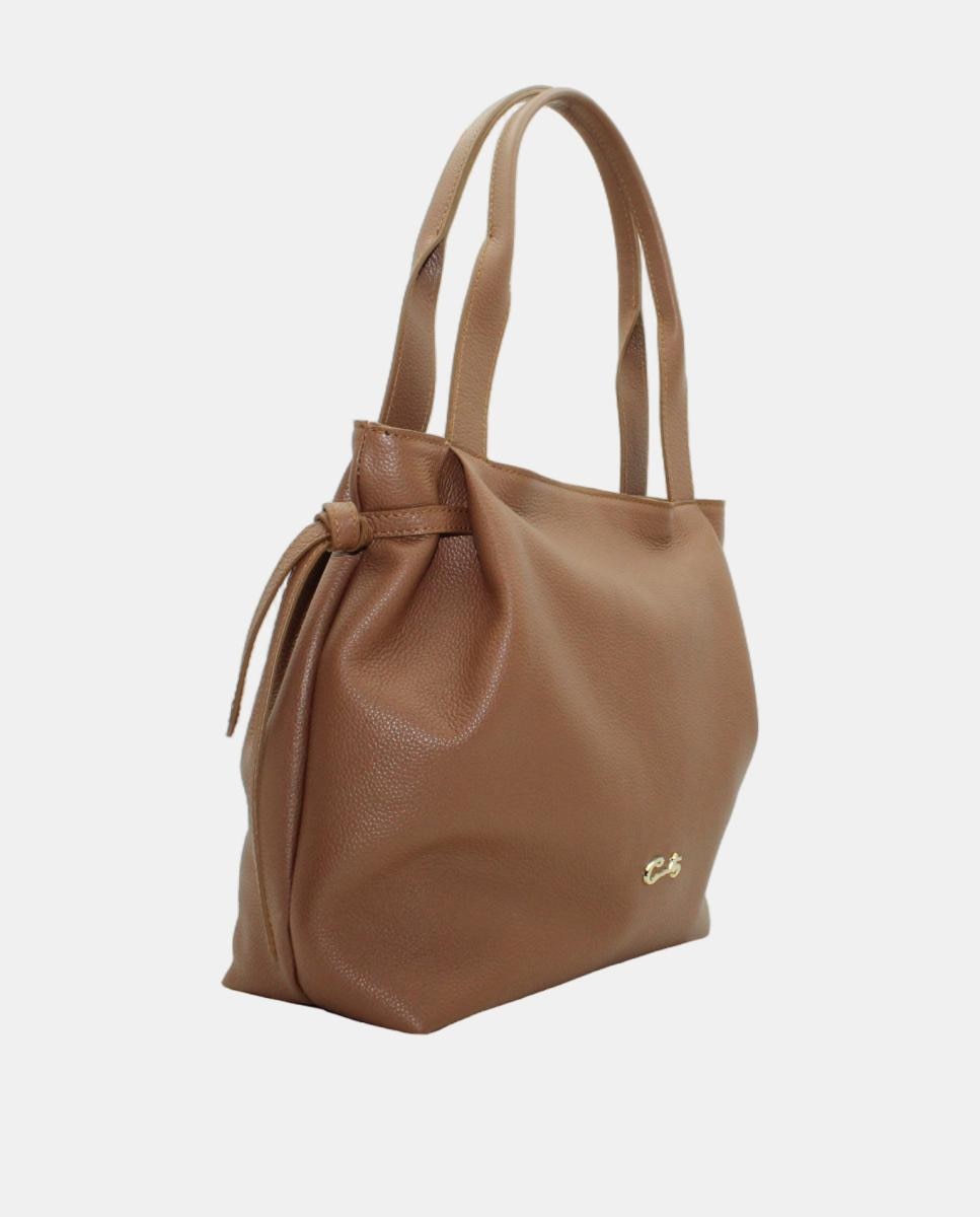 Mala Tipo Tote em Pele Rustic Grande com Fecho de Correr Camel-2