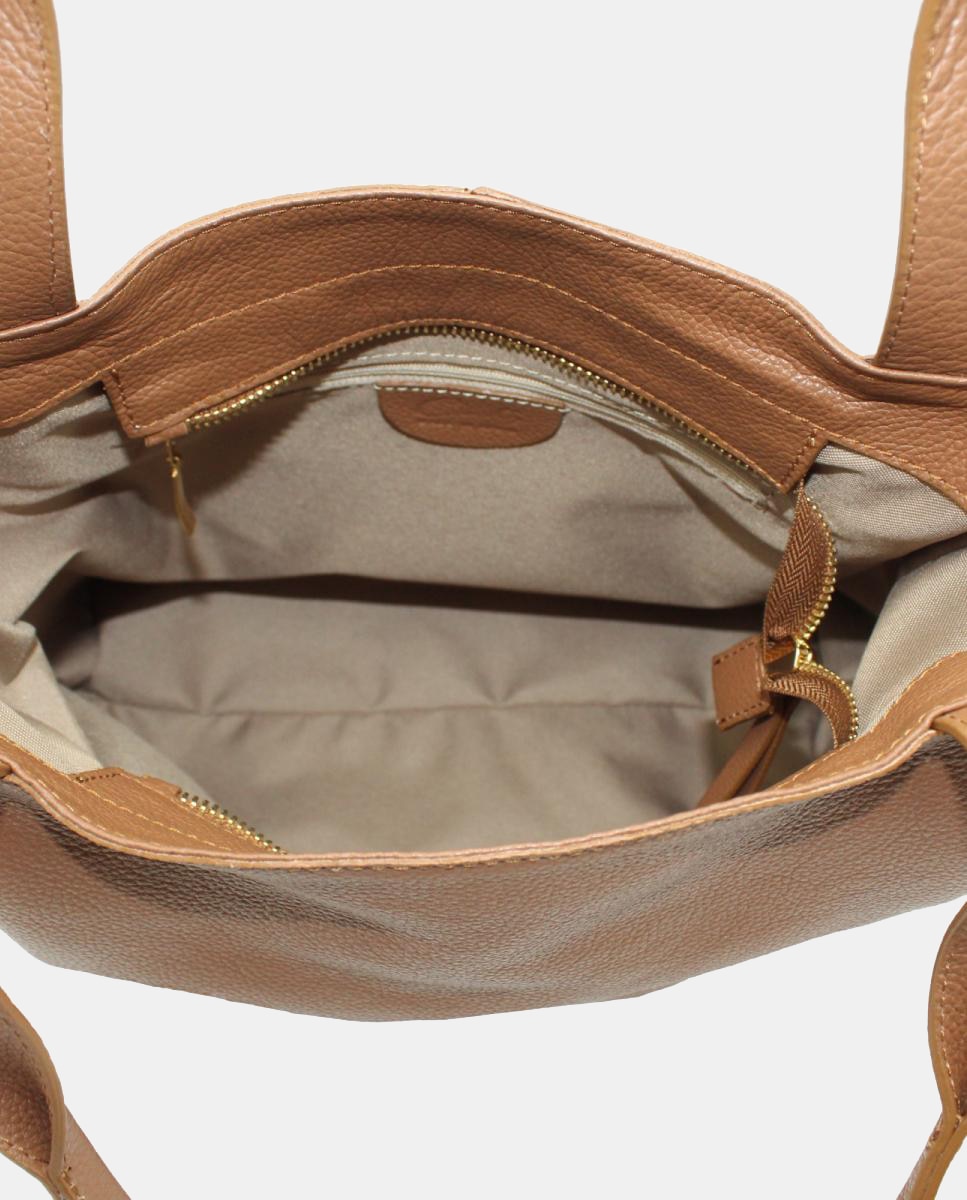 Mala Tipo Tote em Pele Rustic Grande com Fecho de Correr Camel-4