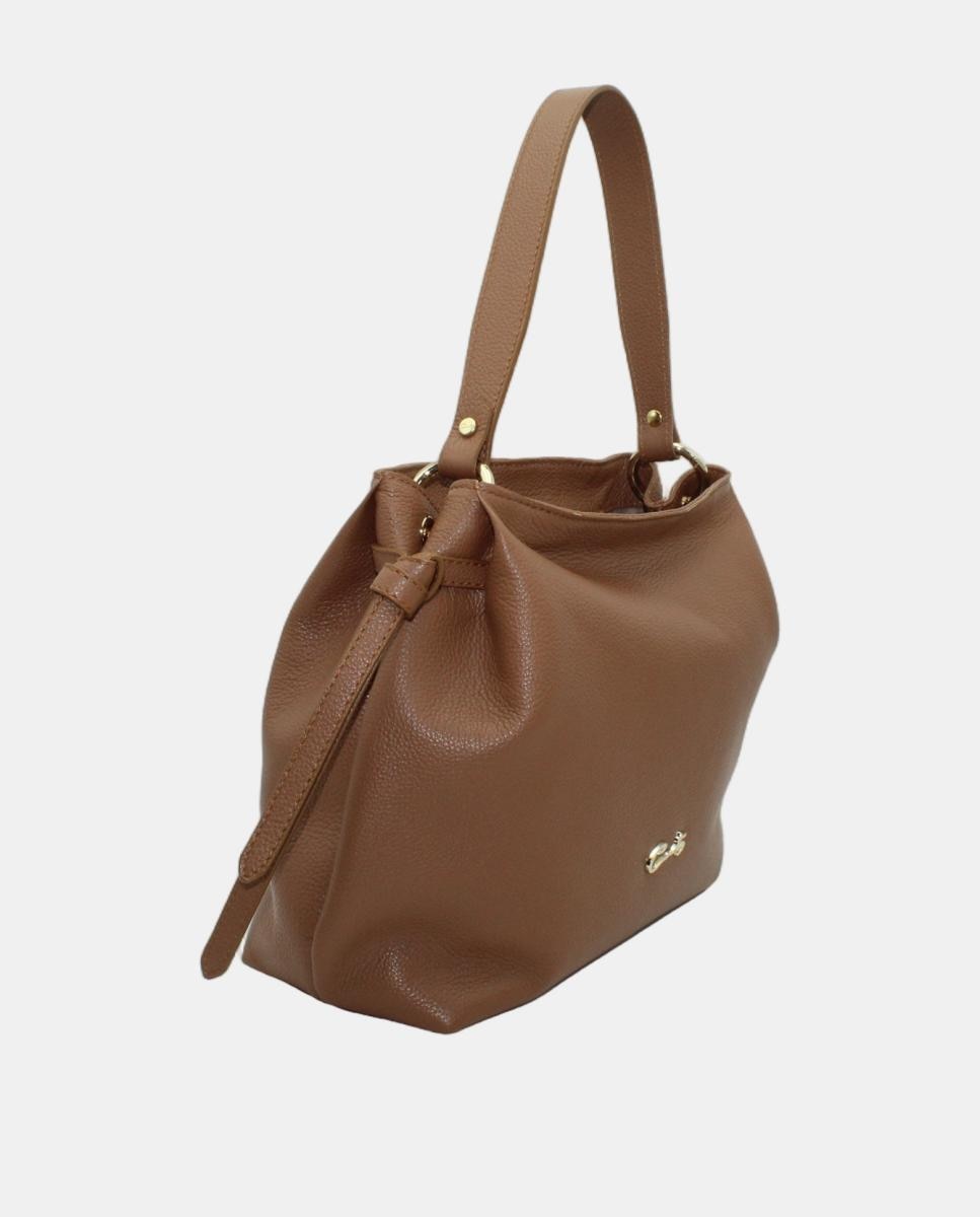 Mala Tipo Tote em Pele Rustic com Fecho de Correr e Alça de Tiracolo Camel-2